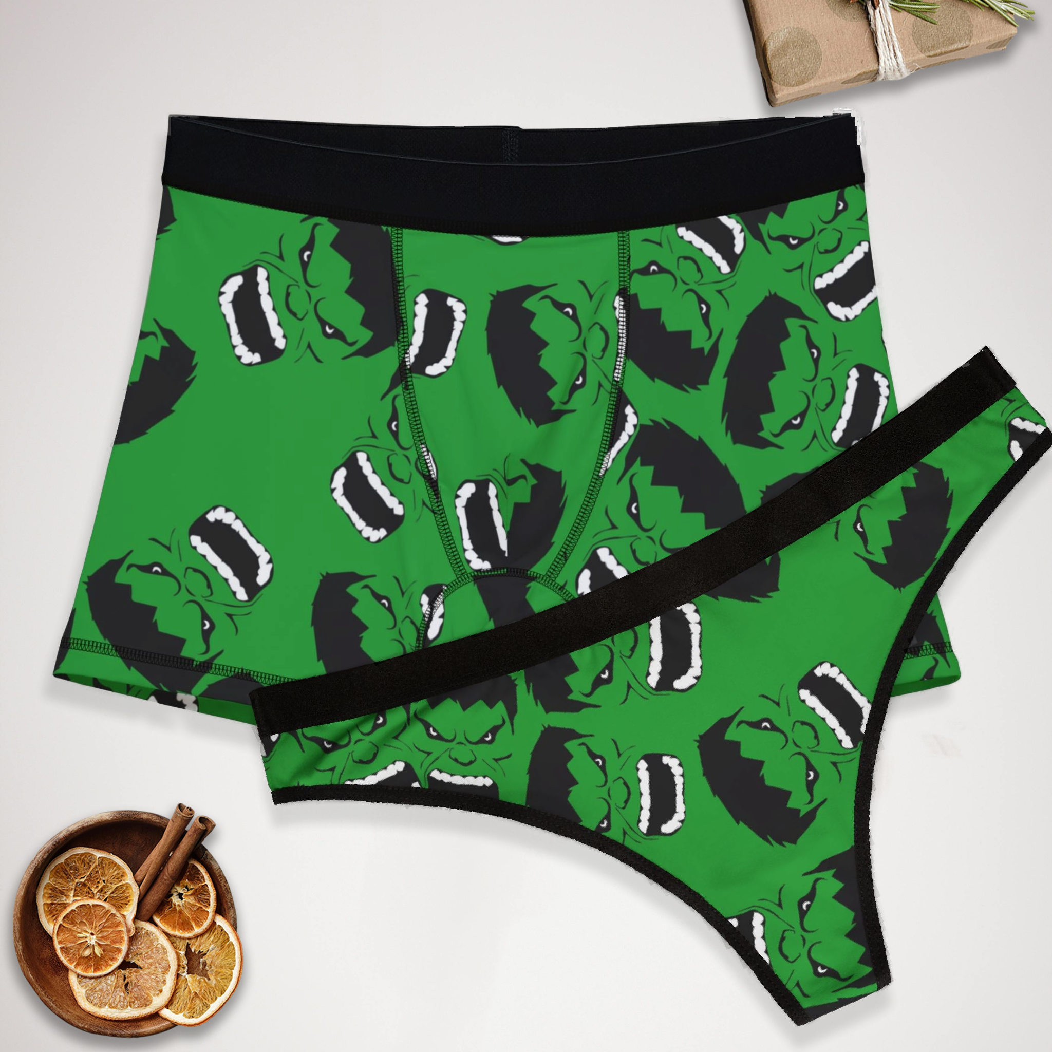 Couples matching  hulk face underwear set boxer and thong