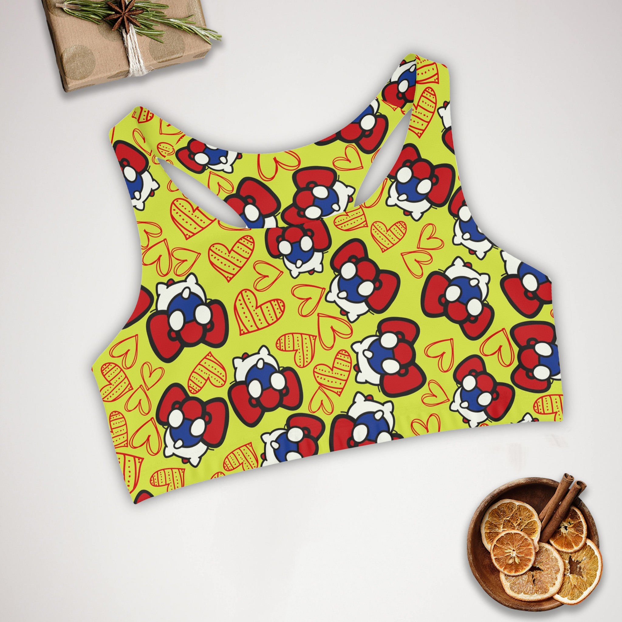 Sports bra cherry kitty back heart yellow