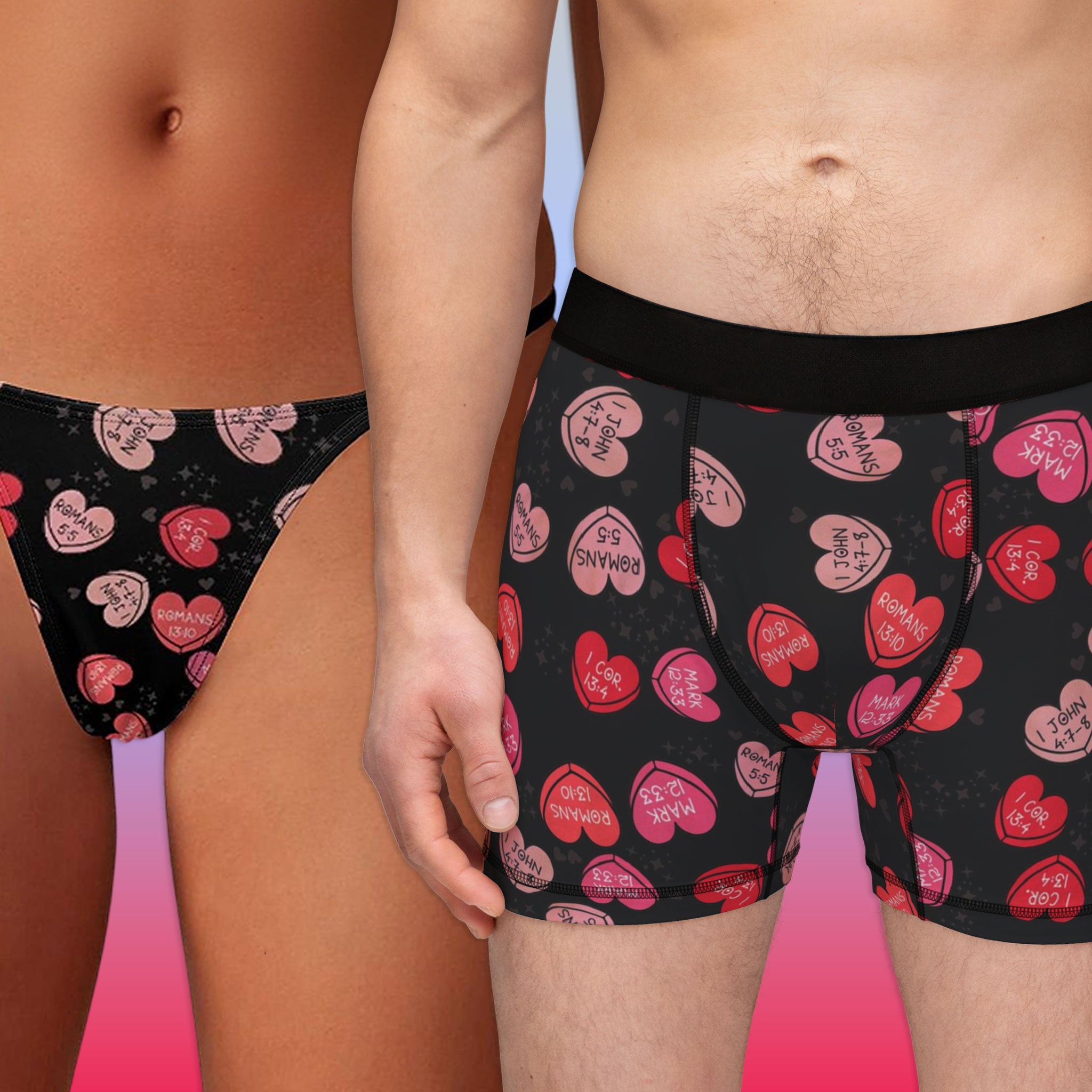 Couples matching Christian valentine sweet heart underwear, boxer & thin thong