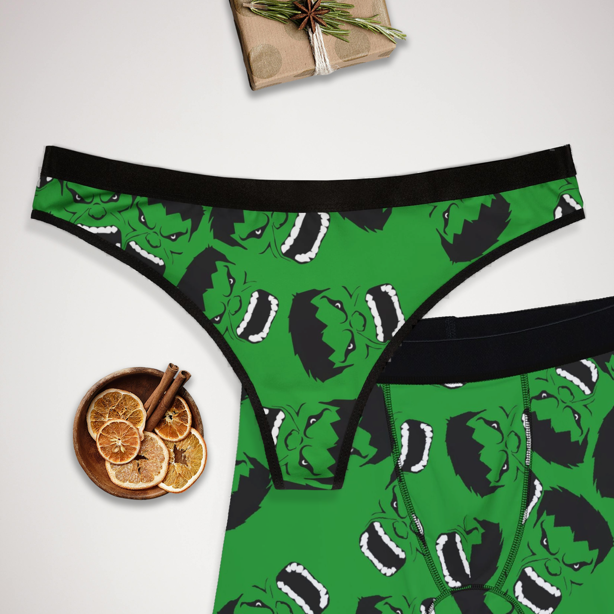 Couples matching  hulk face underwear set boxer and thong