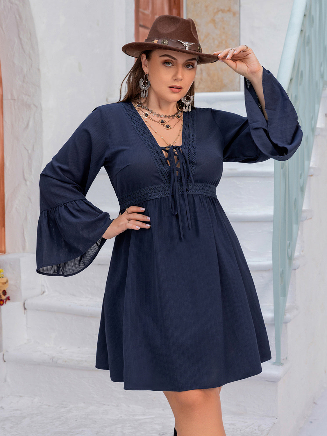 Elegant Plus Size Tie Front V-Neck Flare Sleeve Dress – Perfect for Beach Wedding Guest Attire, Flattering Plus Size Wedding Outfit