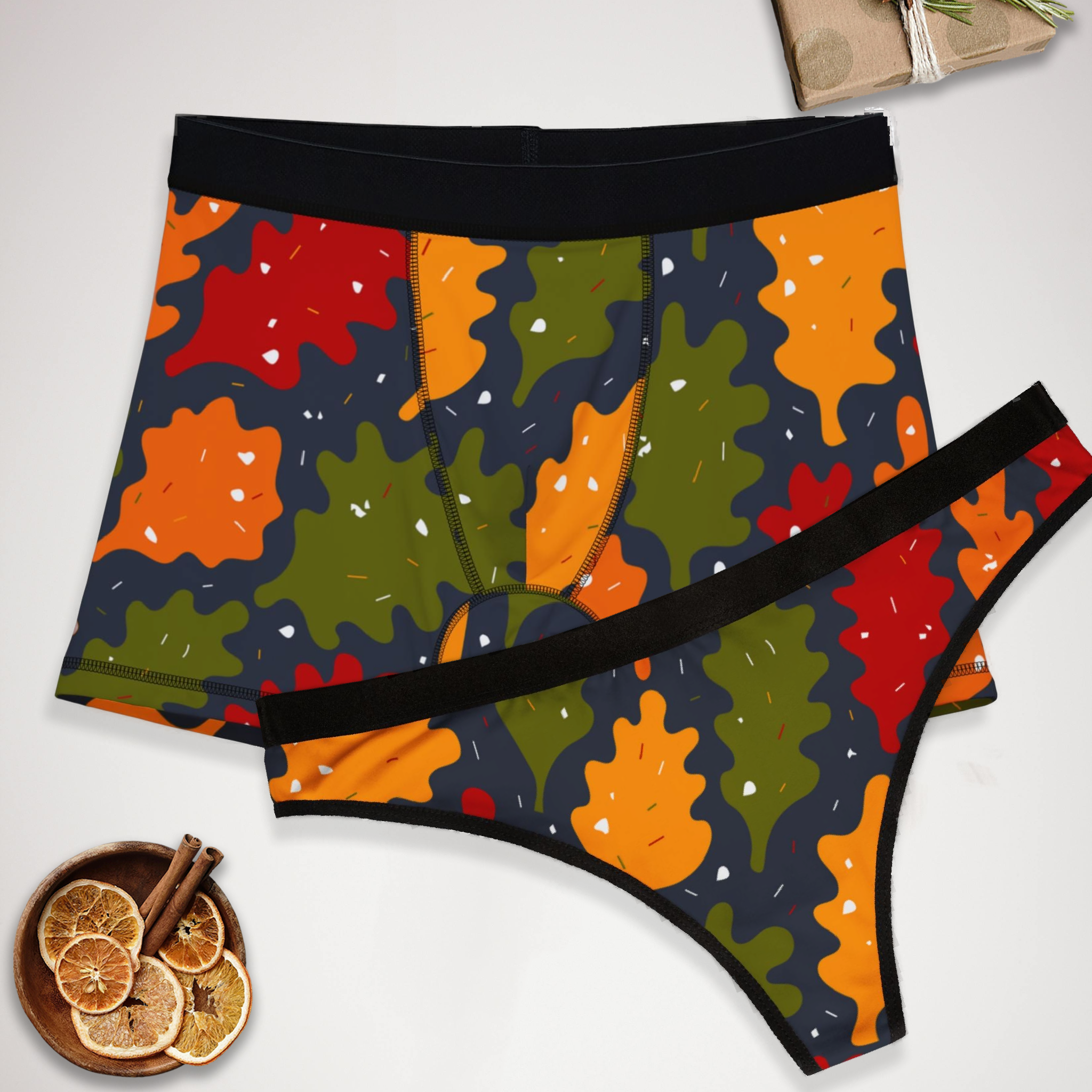 Matching underwear Autumn Leaves III for couples boxer & thong set