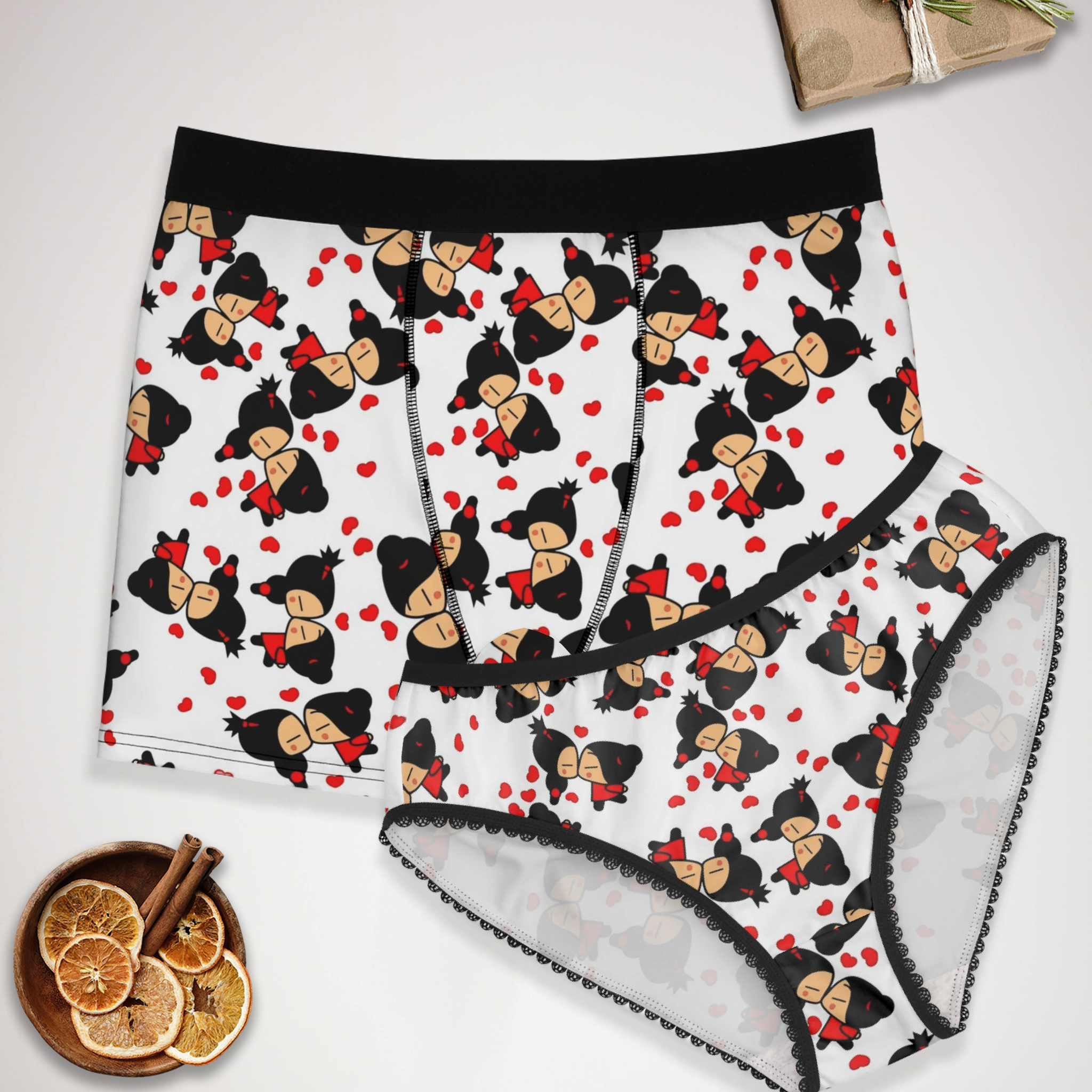 Couples matching pucca valentine kiss underwear set boxer & briefs