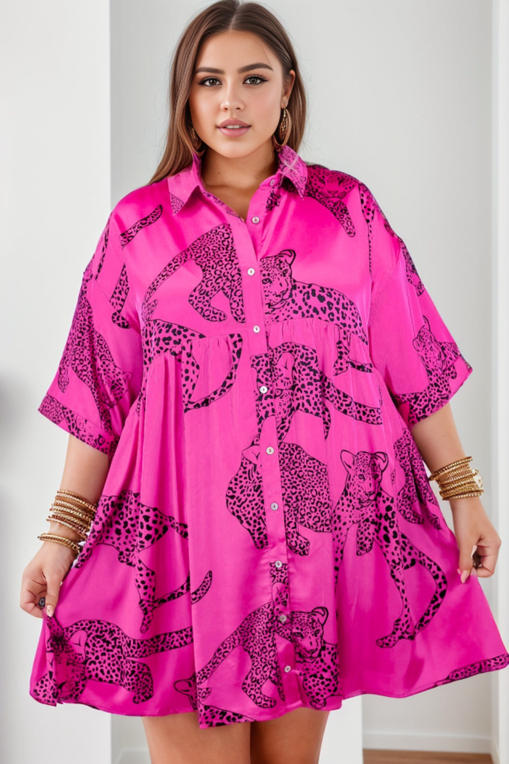 Elegant Plus Size Beach Wedding Guest Dress - Tiger Printed Button Up Half Sleeve for a Stunning Look at Any Summer Event