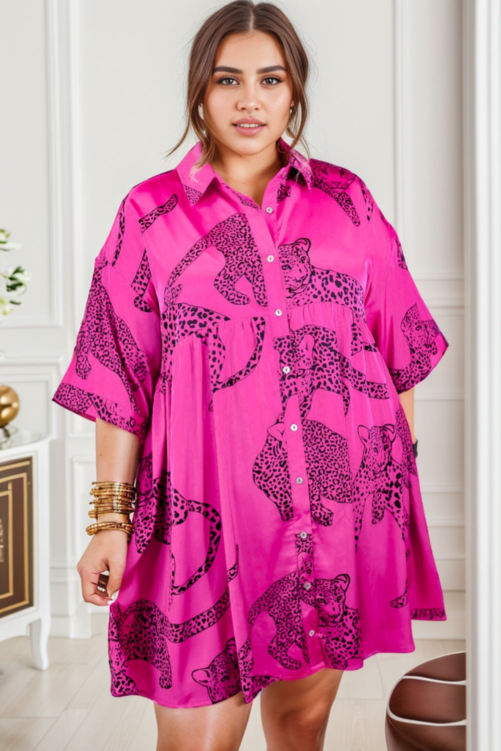 Elegant Plus Size Beach Wedding Guest Dress - Tiger Printed Button Up Half Sleeve for a Stunning Look at Any Summer Event