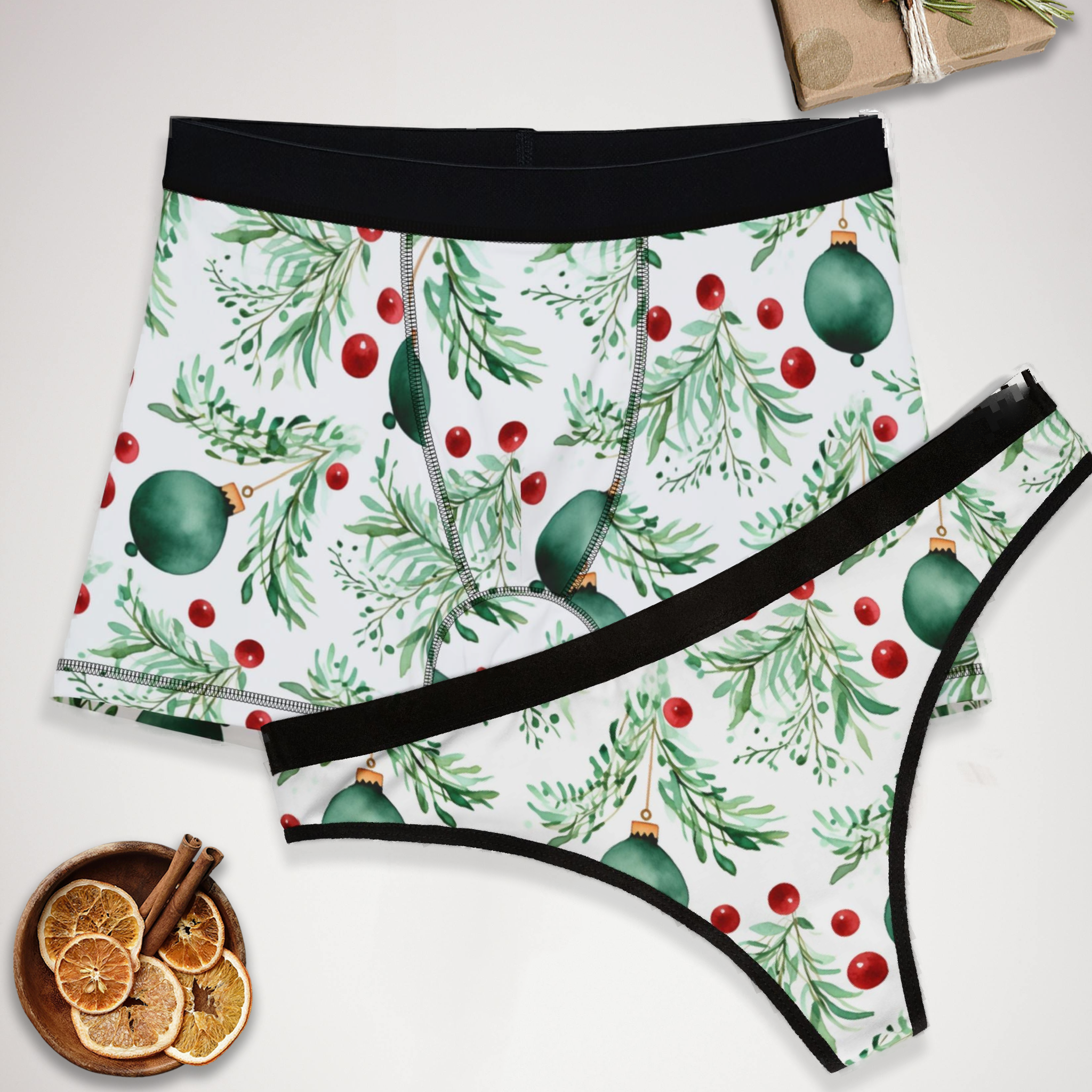 Matching underwear Watercolor Christmas for couples boxer & thong set