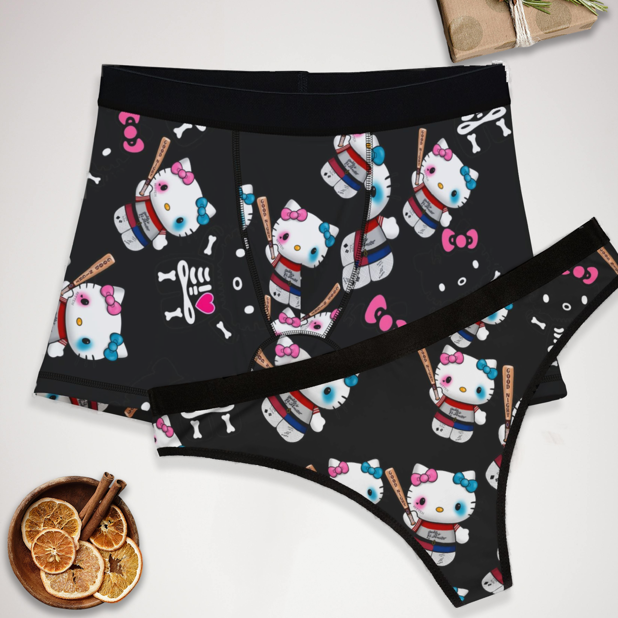 Couples matching  kitty monster halloween bone underwear set boxer and thong