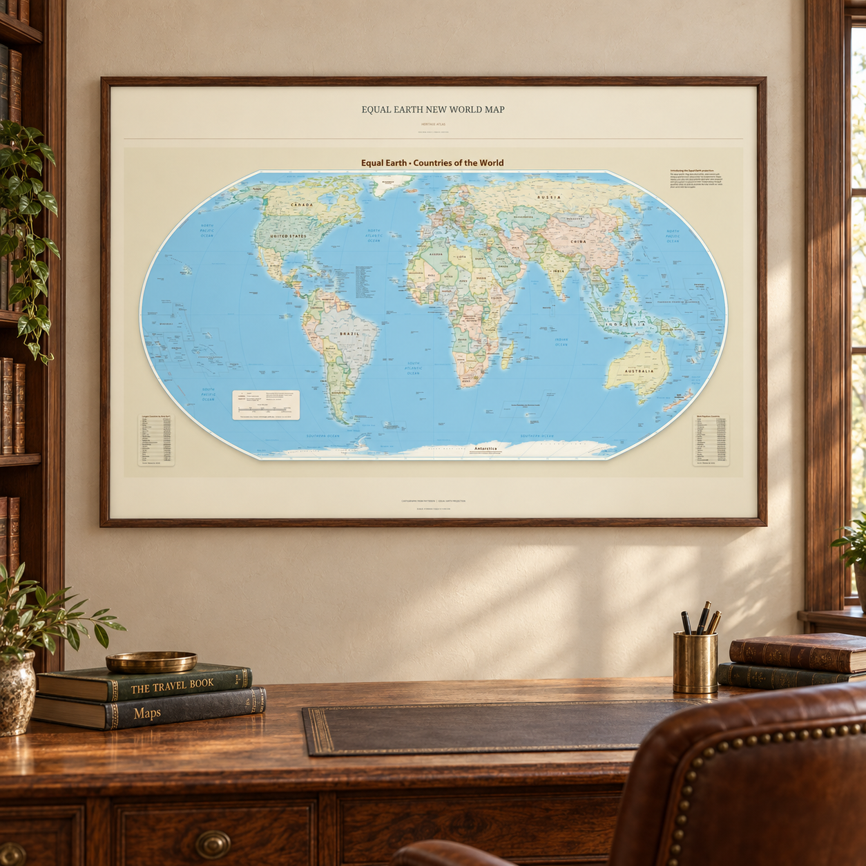 Equal Earth New World Map — Heritage Atlas, framed A0 landscape print shown in an interior. AI lifestyle visualization; frame and furnishings are not included.