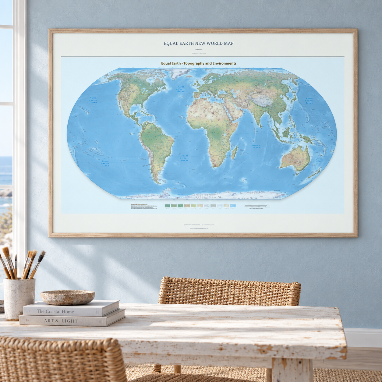 Equal Earth New World Map — Ocean Ink, framed A0 landscape print shown in an interior. AI lifestyle visualization; frame and furnishings are not included.