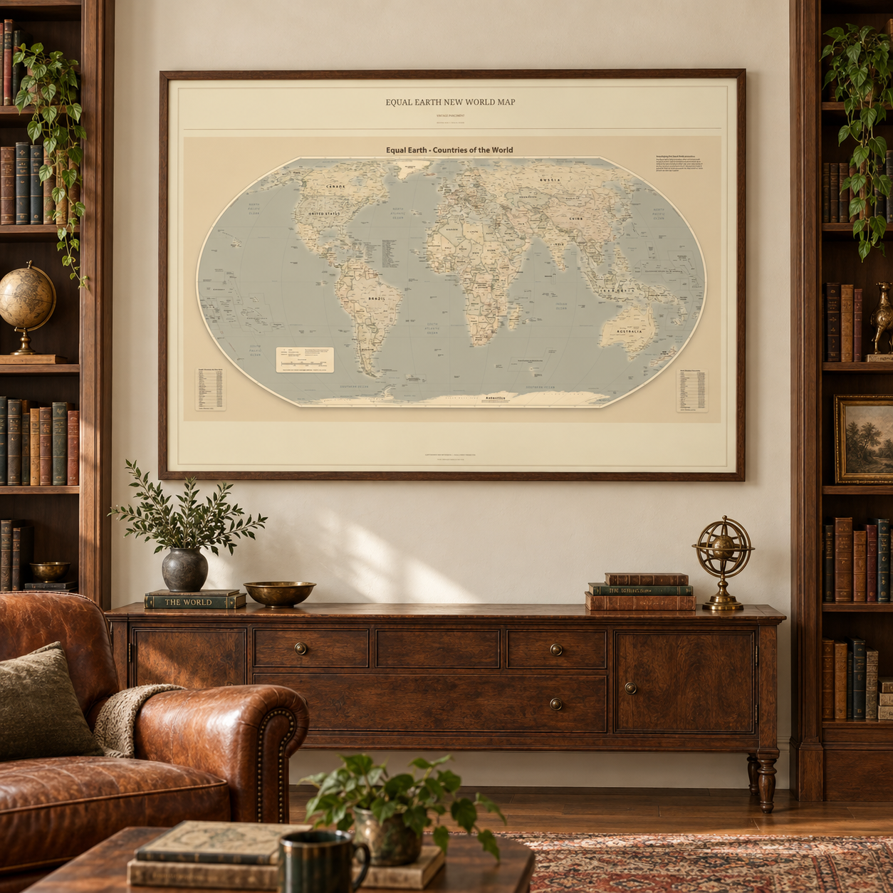 Equal Earth New World Map — Vintage Parchment, framed A0 landscape print shown in an interior. AI lifestyle visualization; frame and furnishings are not included.