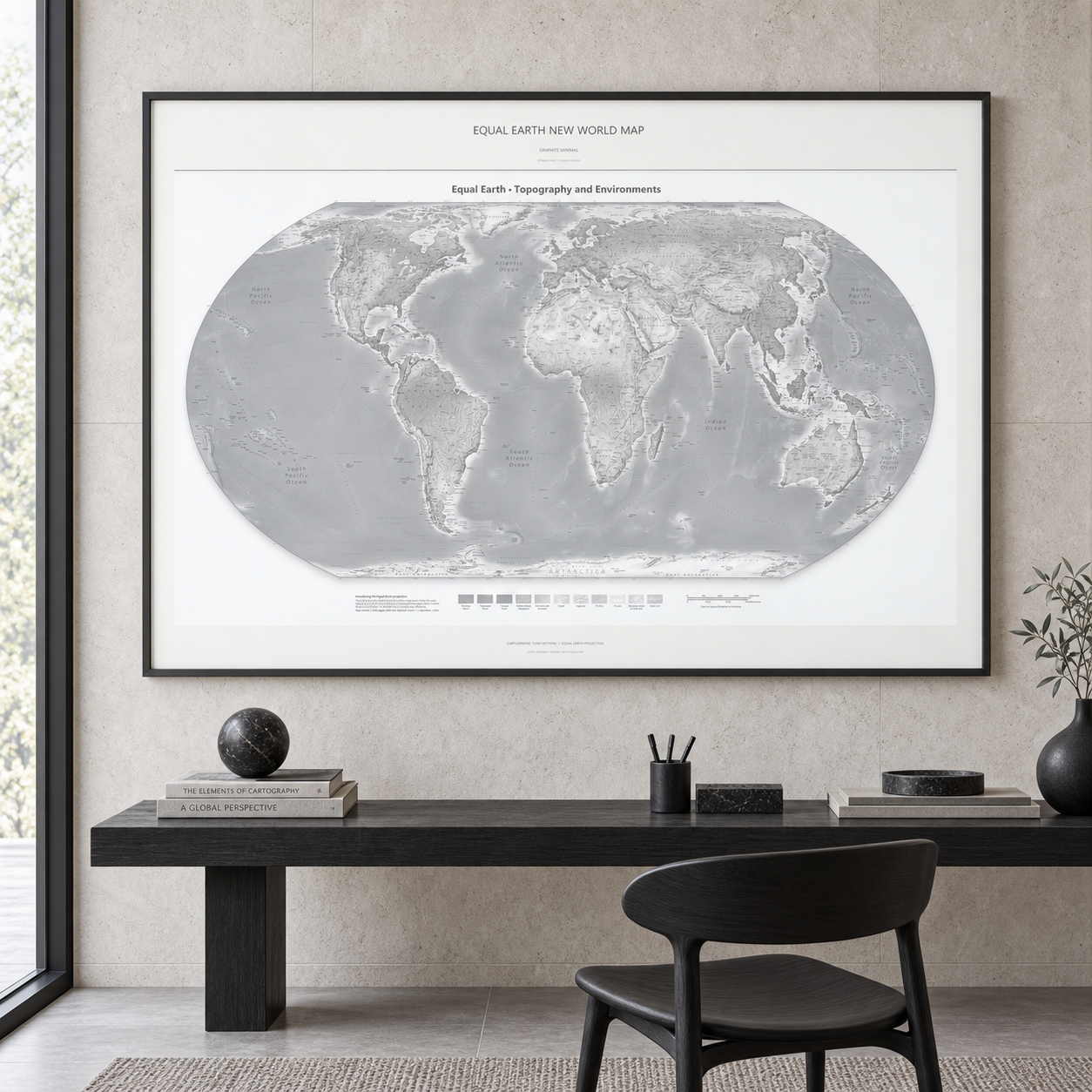 Equal Earth New World Map — Graphite Minimal, framed A0 landscape print shown in an interior. AI lifestyle visualization; frame and furnishings are not included.