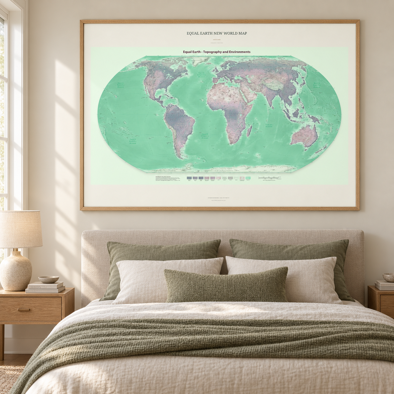 Equal Earth New World Map — Sage & Sand, framed A0 landscape print shown in an interior. AI lifestyle visualization; frame and furnishings are not included.
