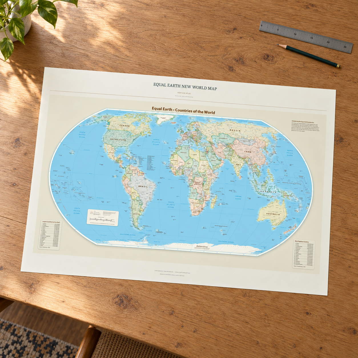 Equal Earth New World Map — Heritage Atlas, unframed A0 landscape print on an oak printmaking table. AI lifestyle visualization; printing and props are not included.