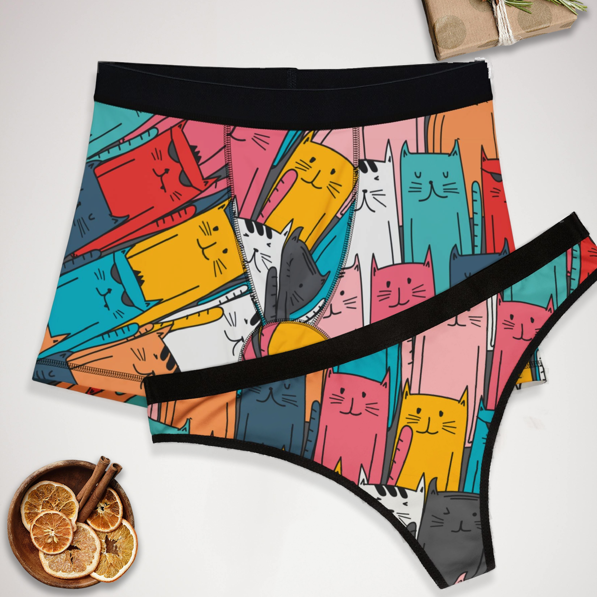 Matching underwear Cute Cat for couples boxer & thong set