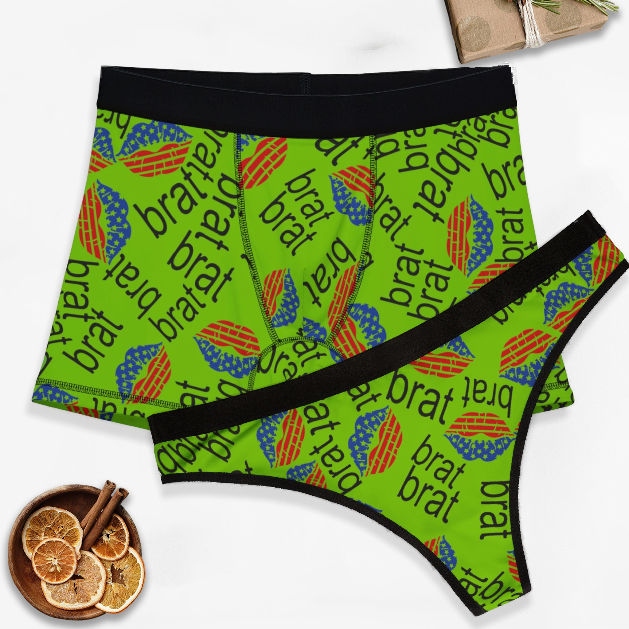 Couples matching  brat usa flag lips green character underwear set boxer and thong