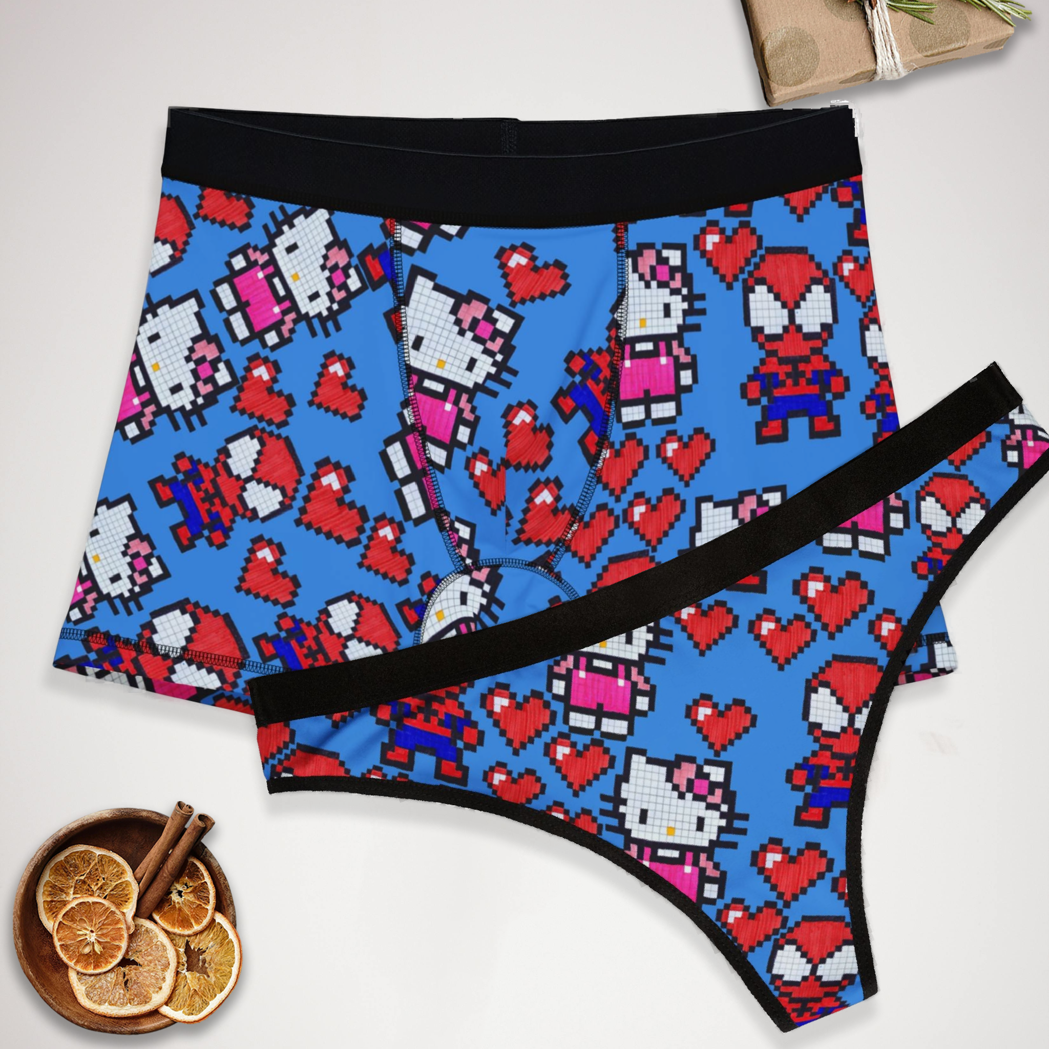 Couples matching  spider kitty pixel heart love valentine character underwear set boxer and thong