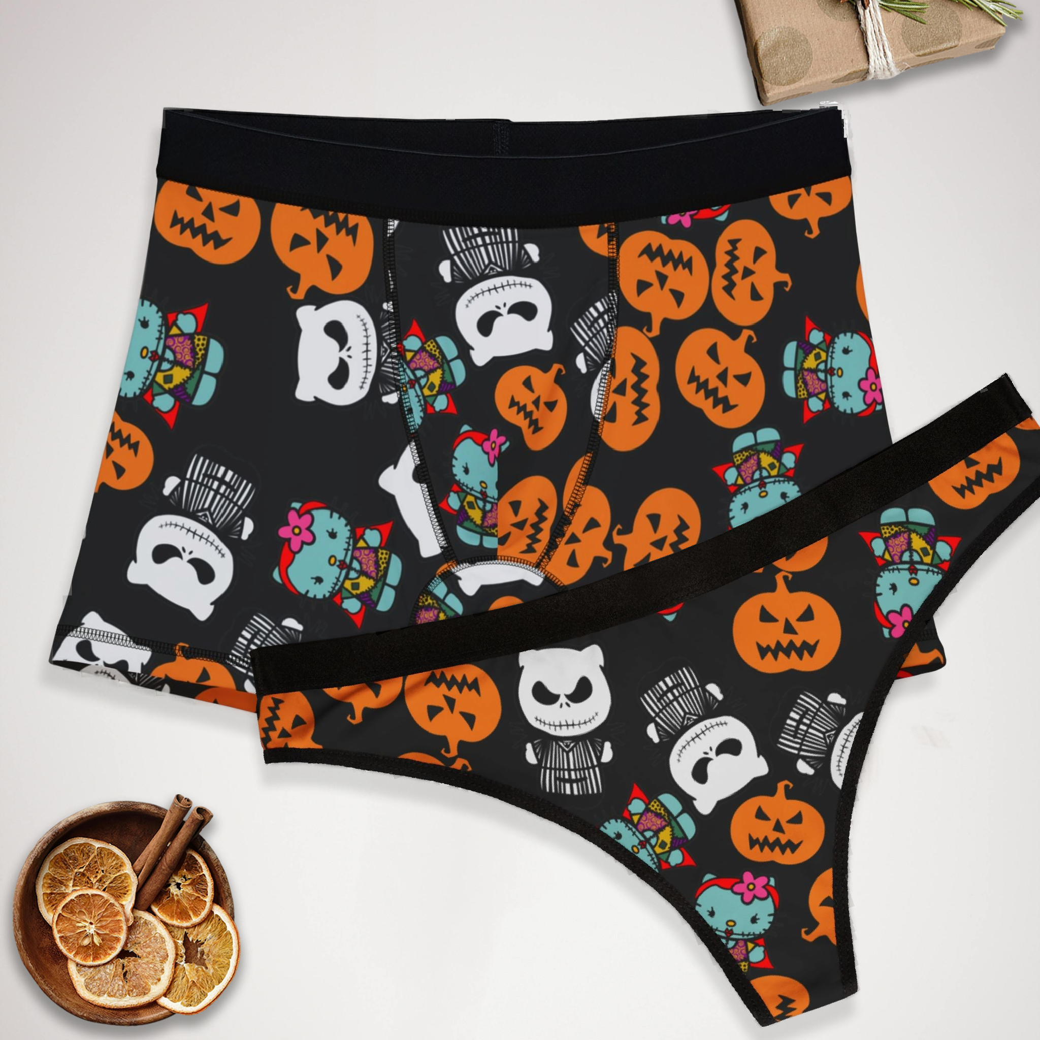 Couples matching  nightmare before christmas pumpkin kitty jack halloween character underwear set boxer and thong