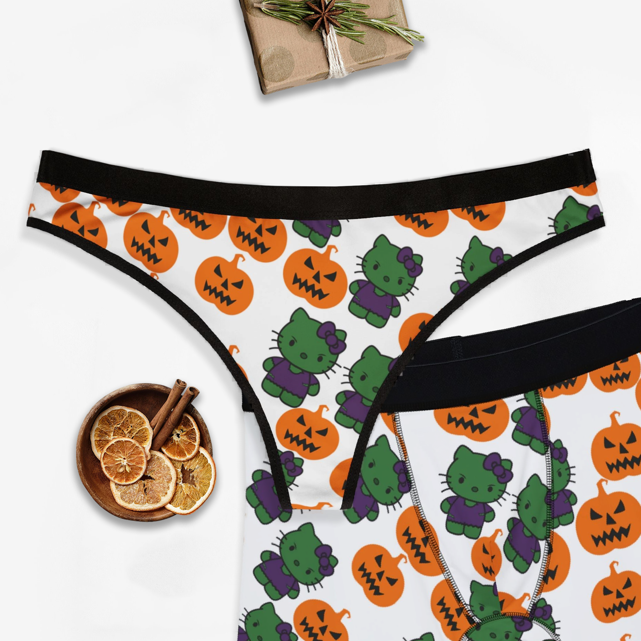 Couples matching  kitty frankenstein pumpkin white character underwear set boxer and thong