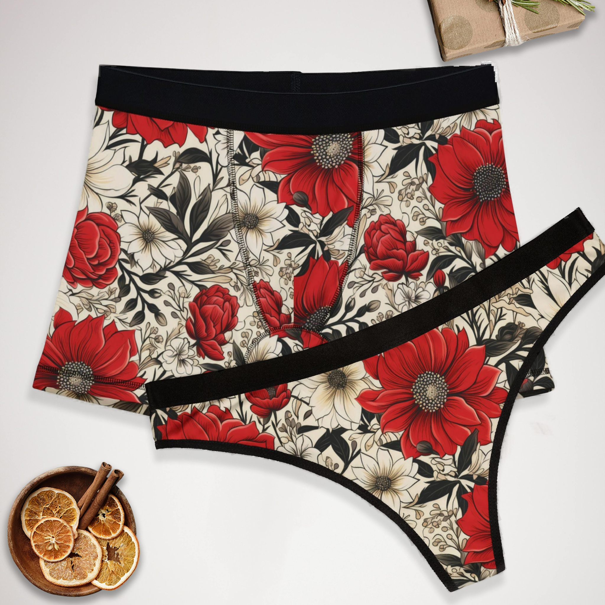 Matching underwear Cute Red Flowers for couples boxer & thong set