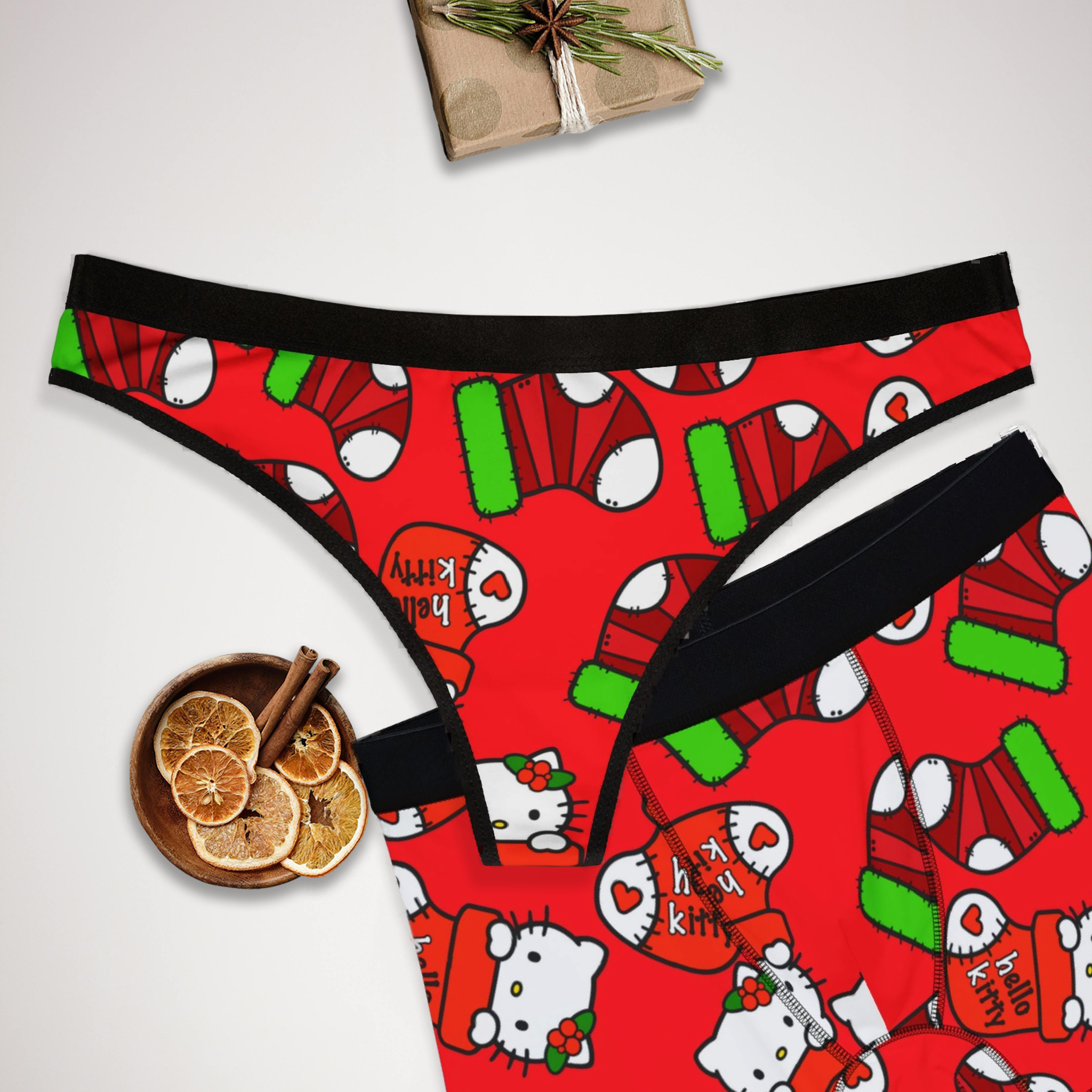 Couples matching  kitty socks noel christmas underwear set boxer and thong