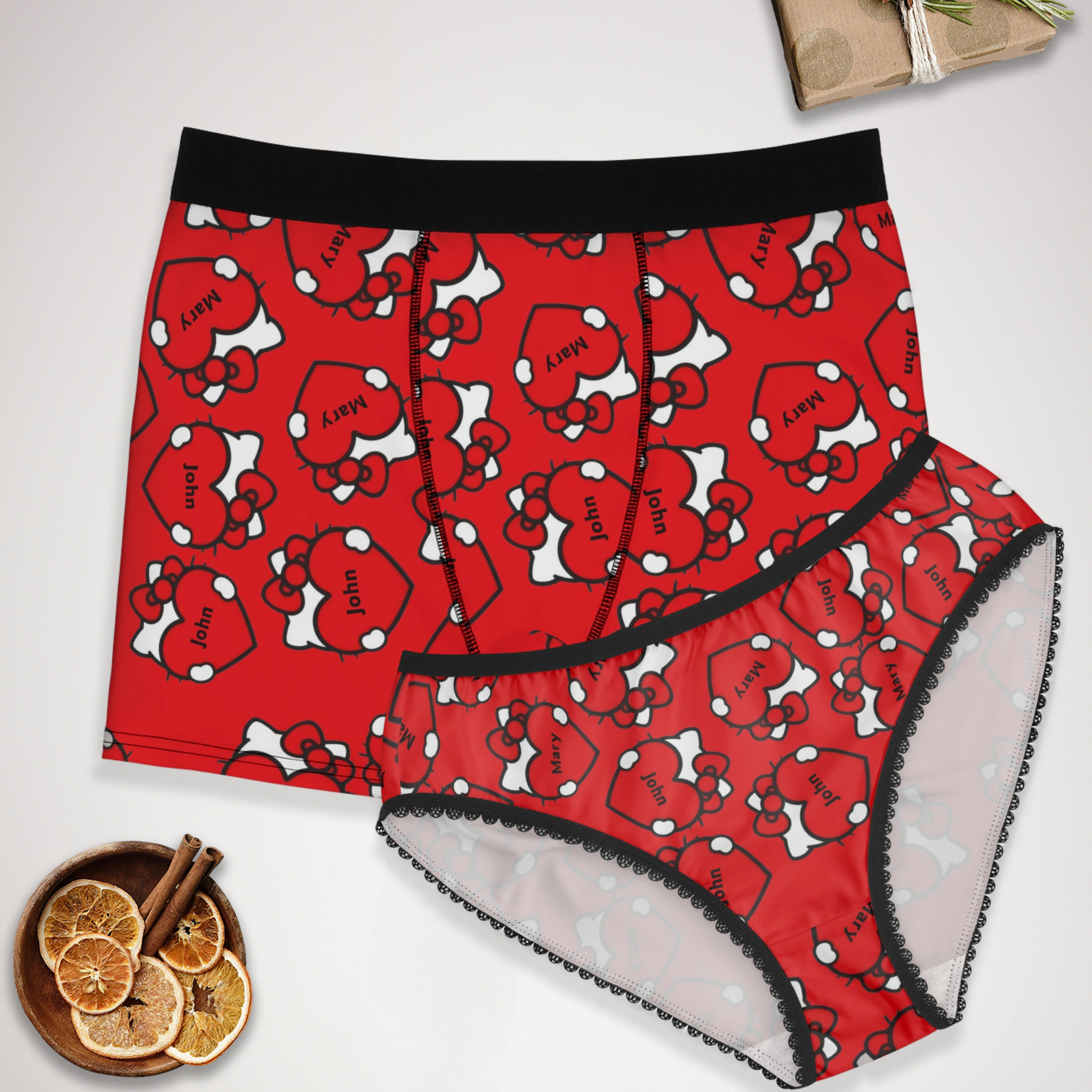 Custom matching underwear for couples kitty hearts valentine his her names set boxer & briefs