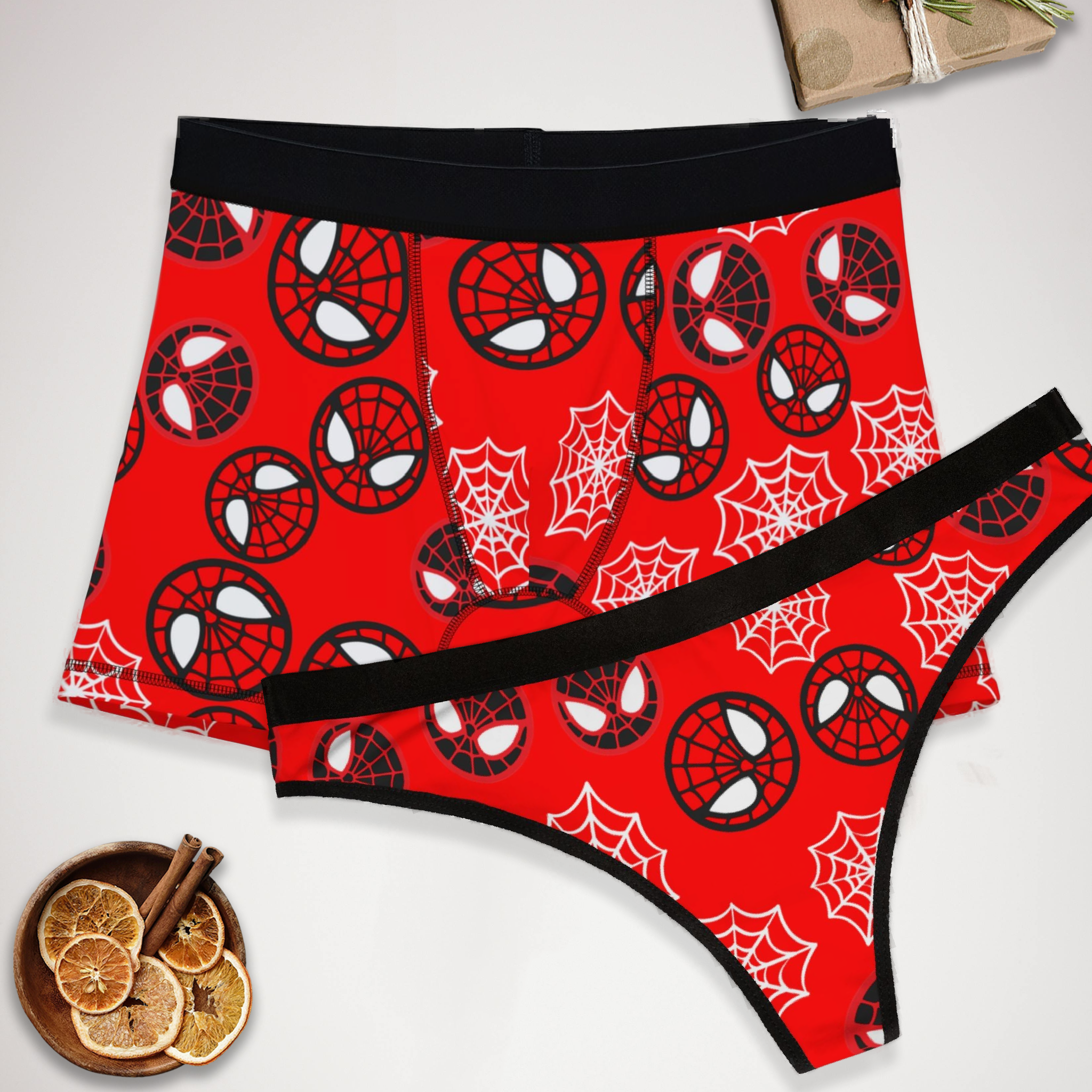 Couples matching  spider circle web underwear set boxer and thong