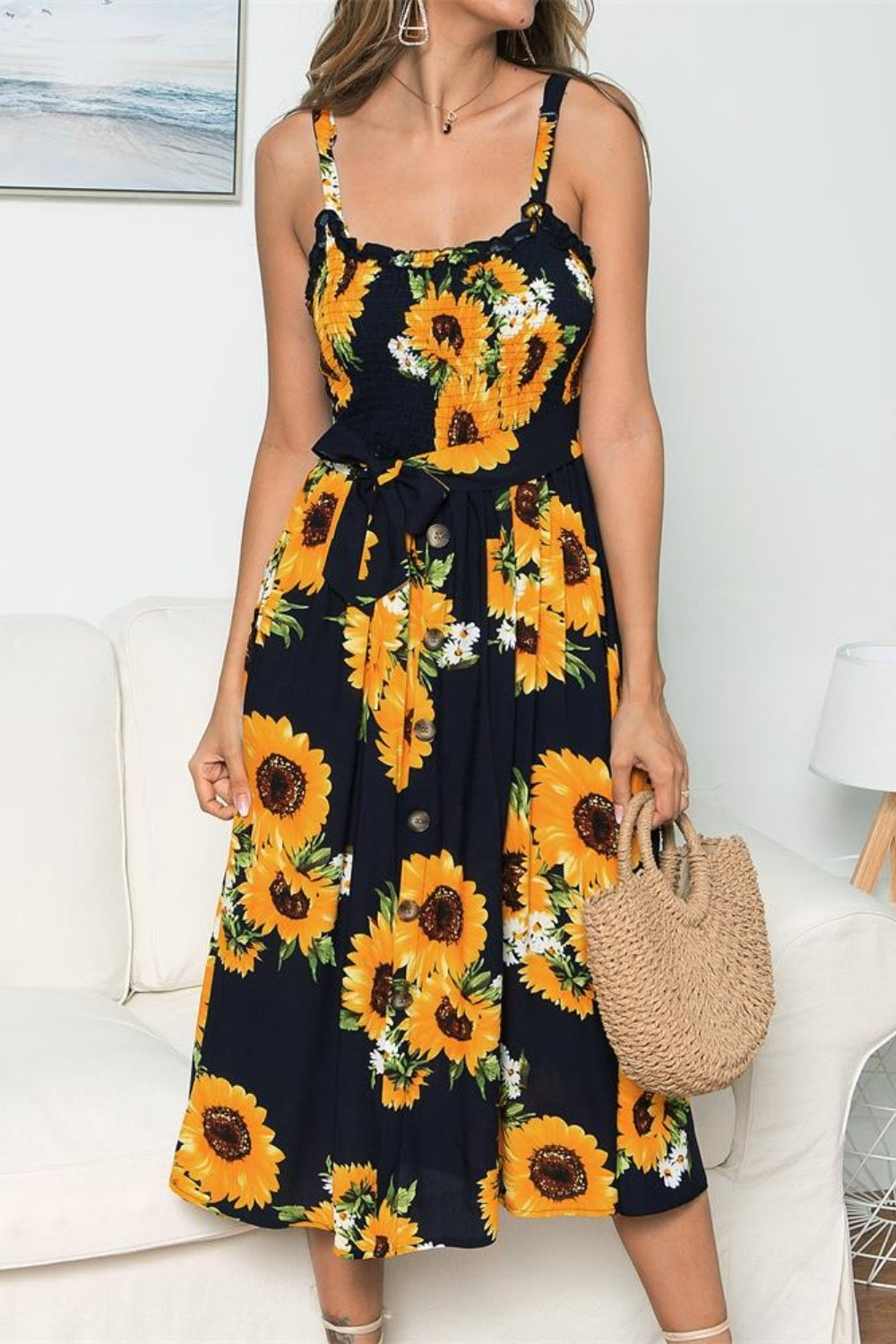 Sunflower Print Sleeveless Cami Dress for Women Over 50 - Perfect Summer Beach Wedding Guest Party Attire
