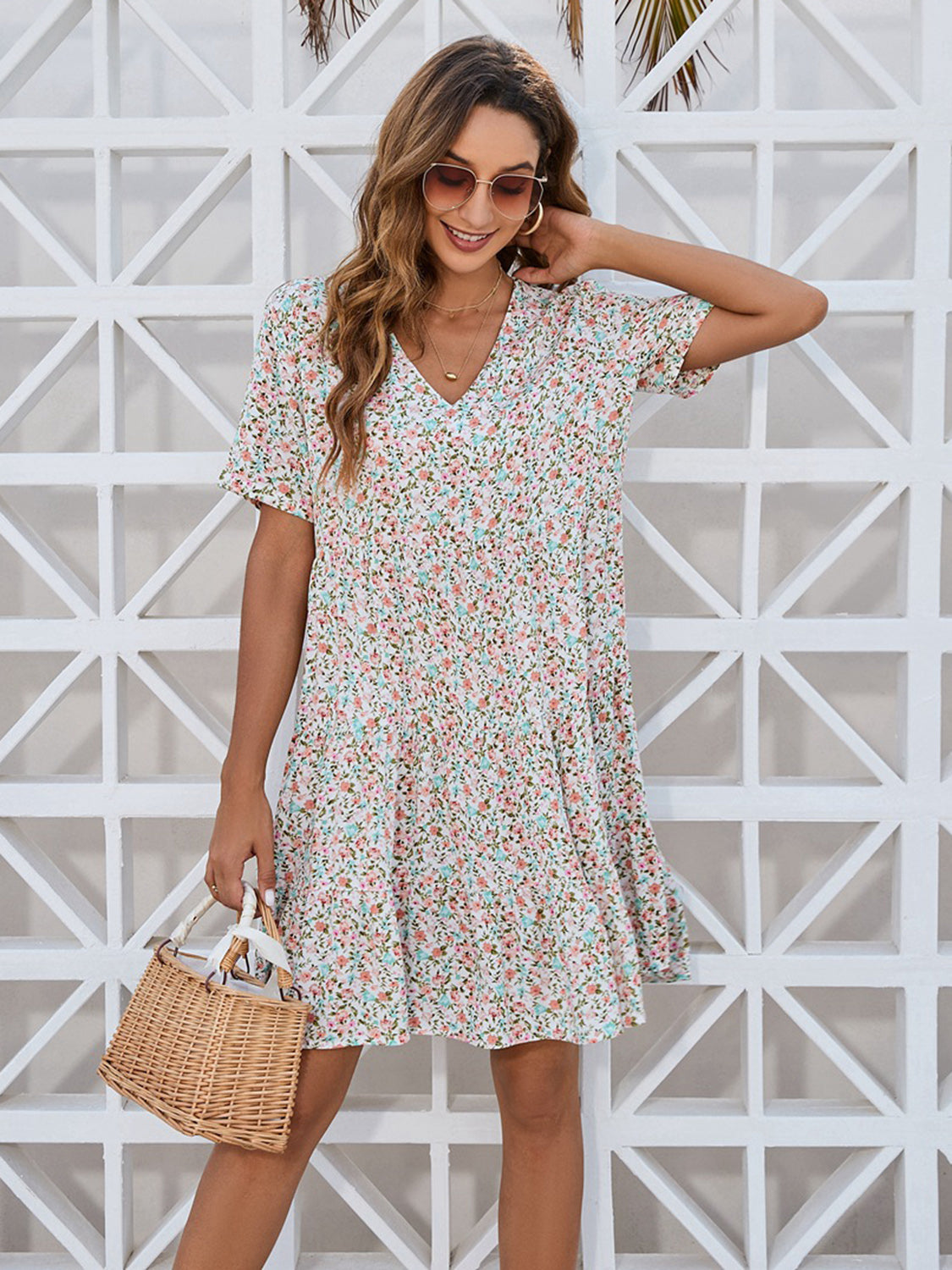 Chic Ditsy Floral V-Neck Mini Dress: Perfect for Summer Beach Weddings and Women Attendees!