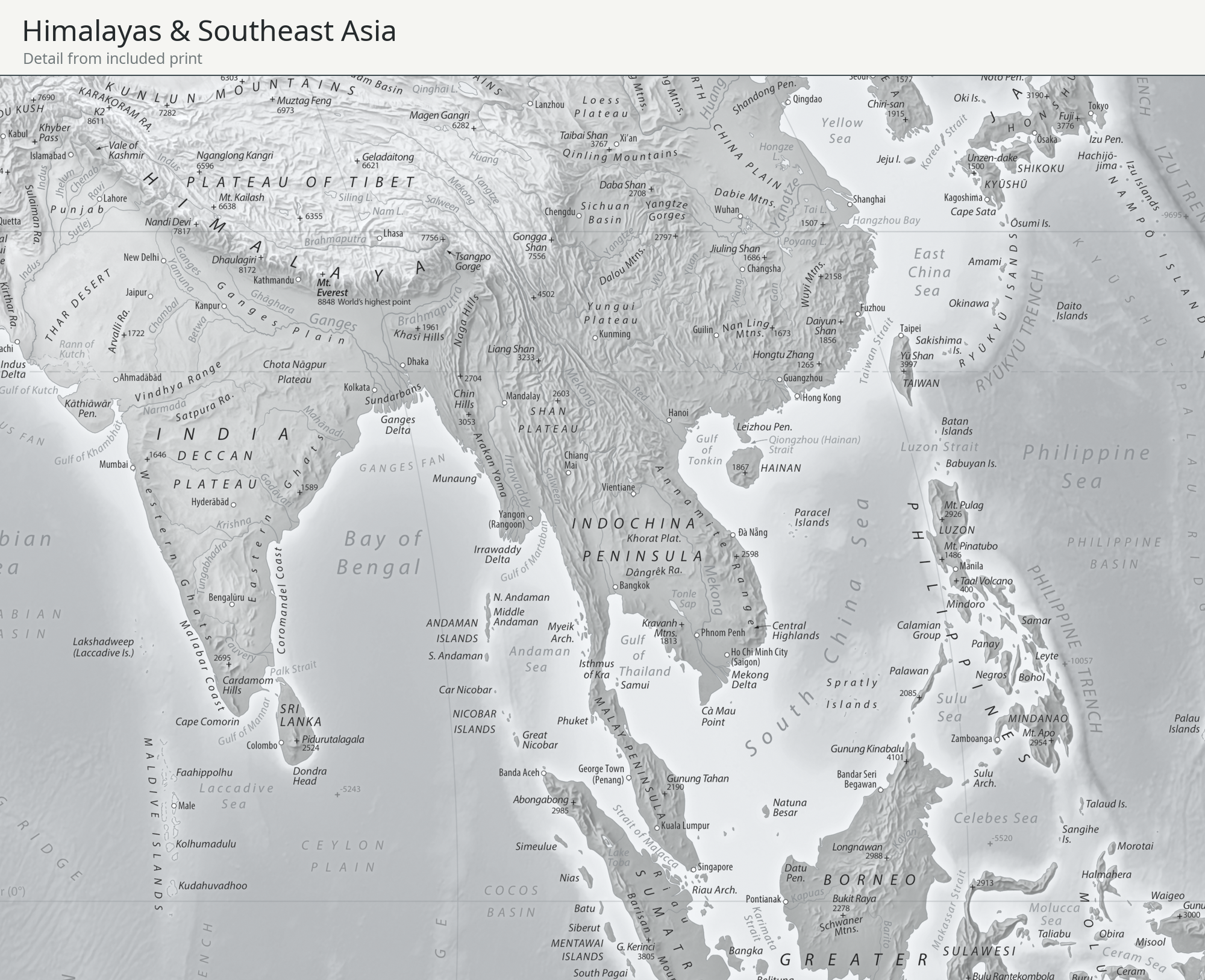 Equal Earth New World Map — Graphite Minimal. Himalayas and Southeast Asia detail cropped from the actual included high-resolution print, showing original map features and place labels.