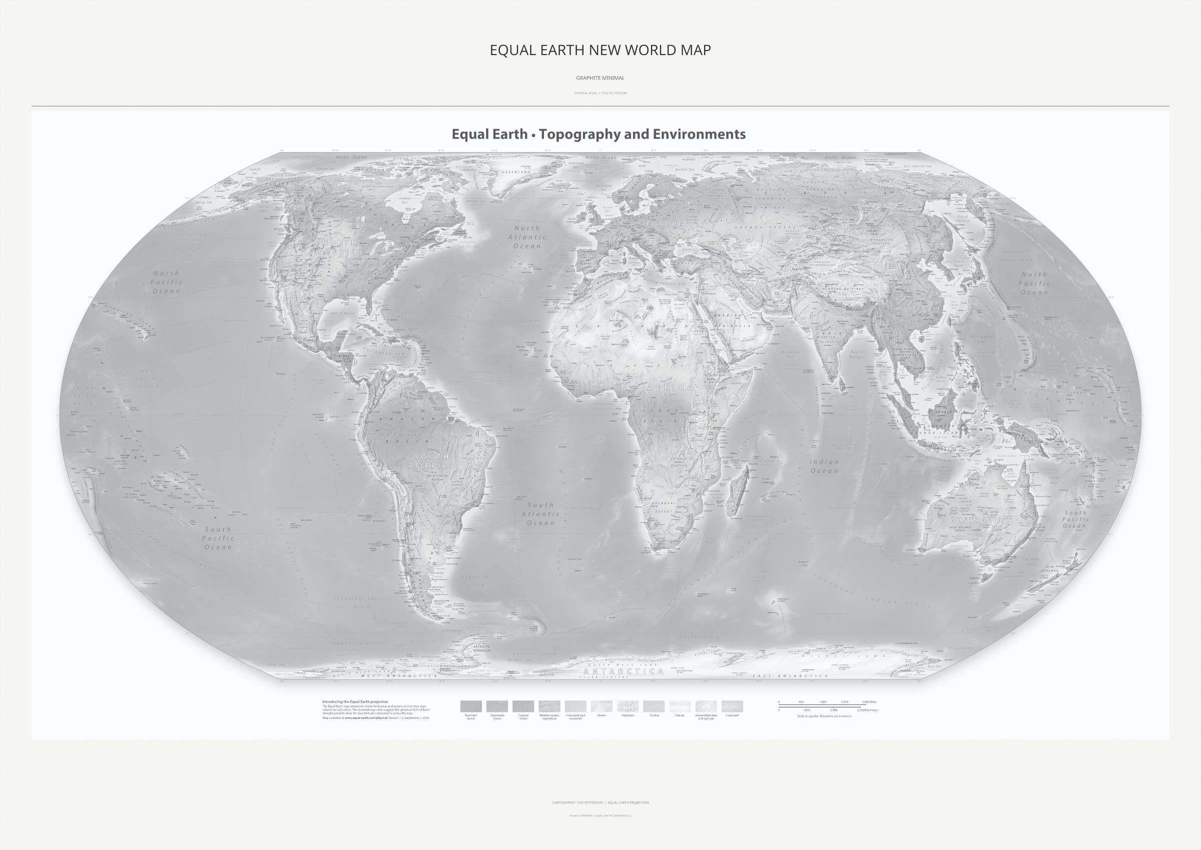 Equal Earth New World Map — Graphite Minimal. Complete physical artwork from the A0 print. Digital PDF and PNG only.