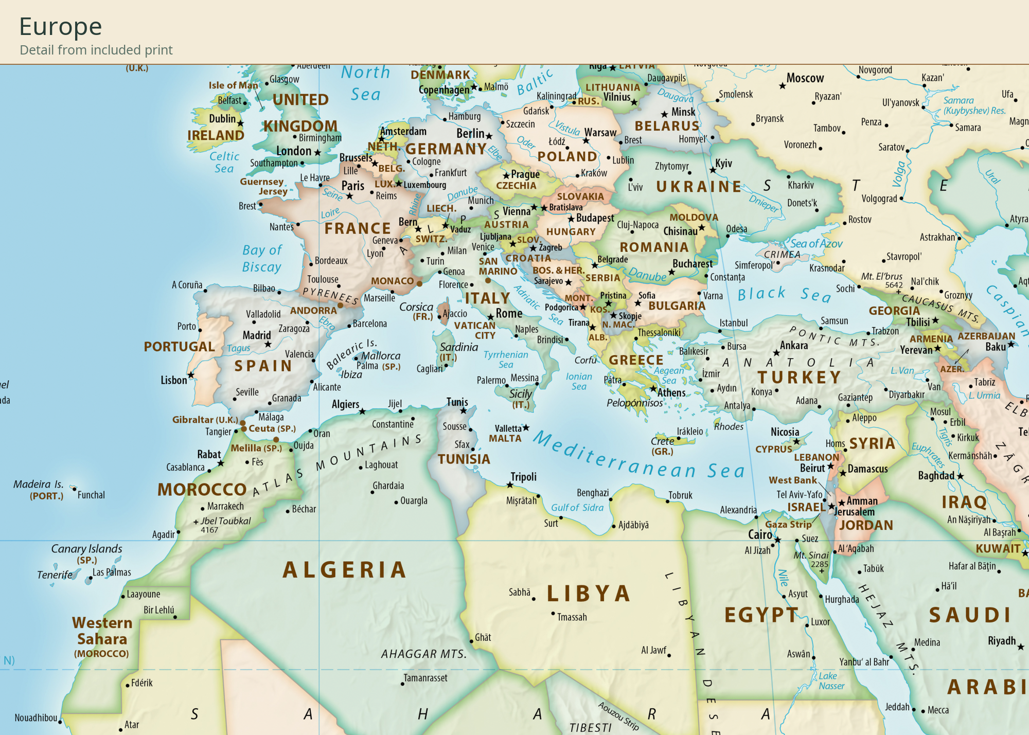 Equal Earth New World Map — Heritage Atlas. Europe detail cropped from the actual included high-resolution print, showing original place labels and map detail.