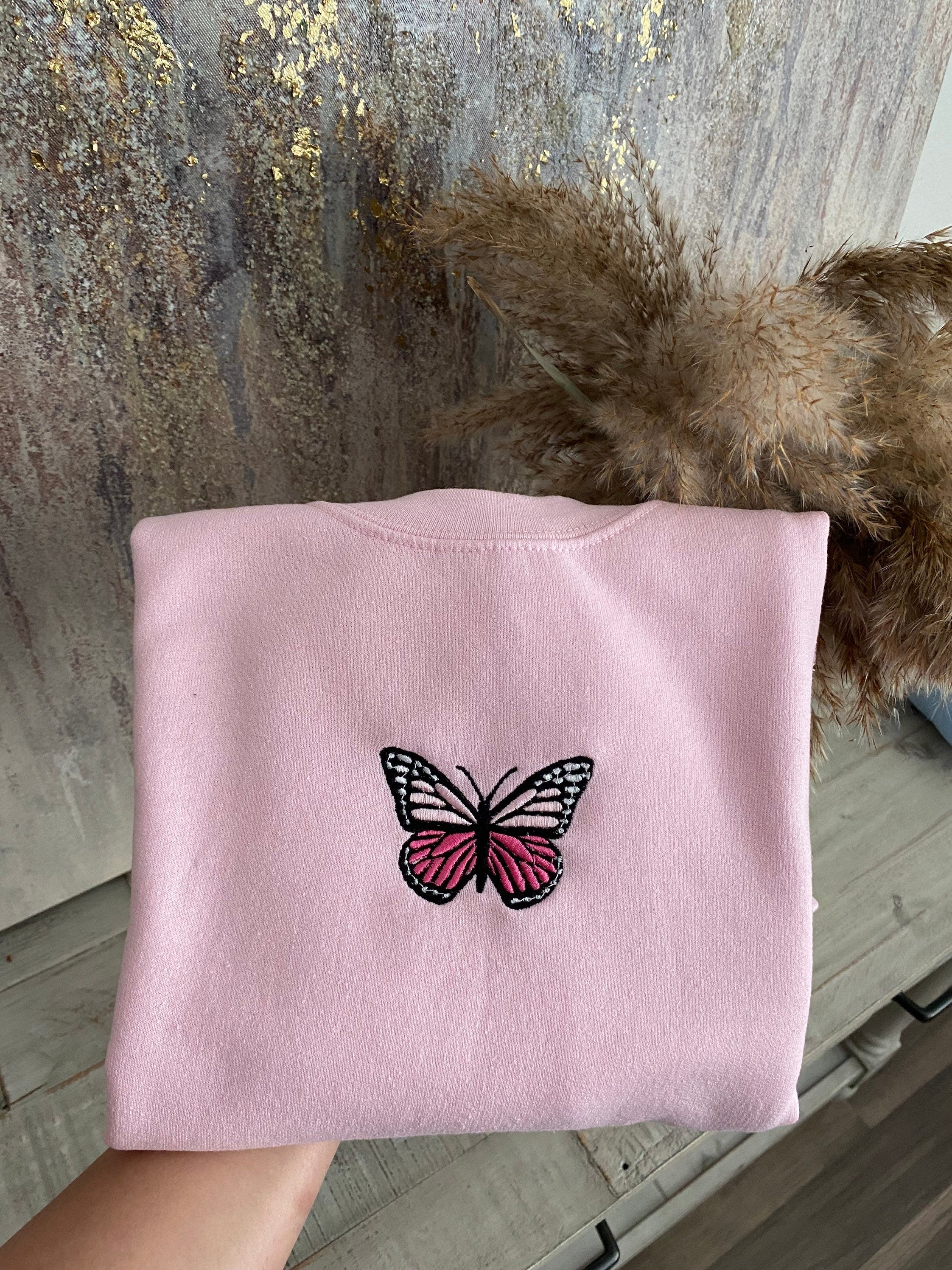 Butterfly Embroidered Crewneck- Butterfly sweatshirt - Trendy Crewneck(Pink Butterfly)