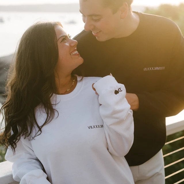 Custom Embroidered Roman Numeral Date + Initials on Sleeves | Couple's Crewneck Sweatshirt