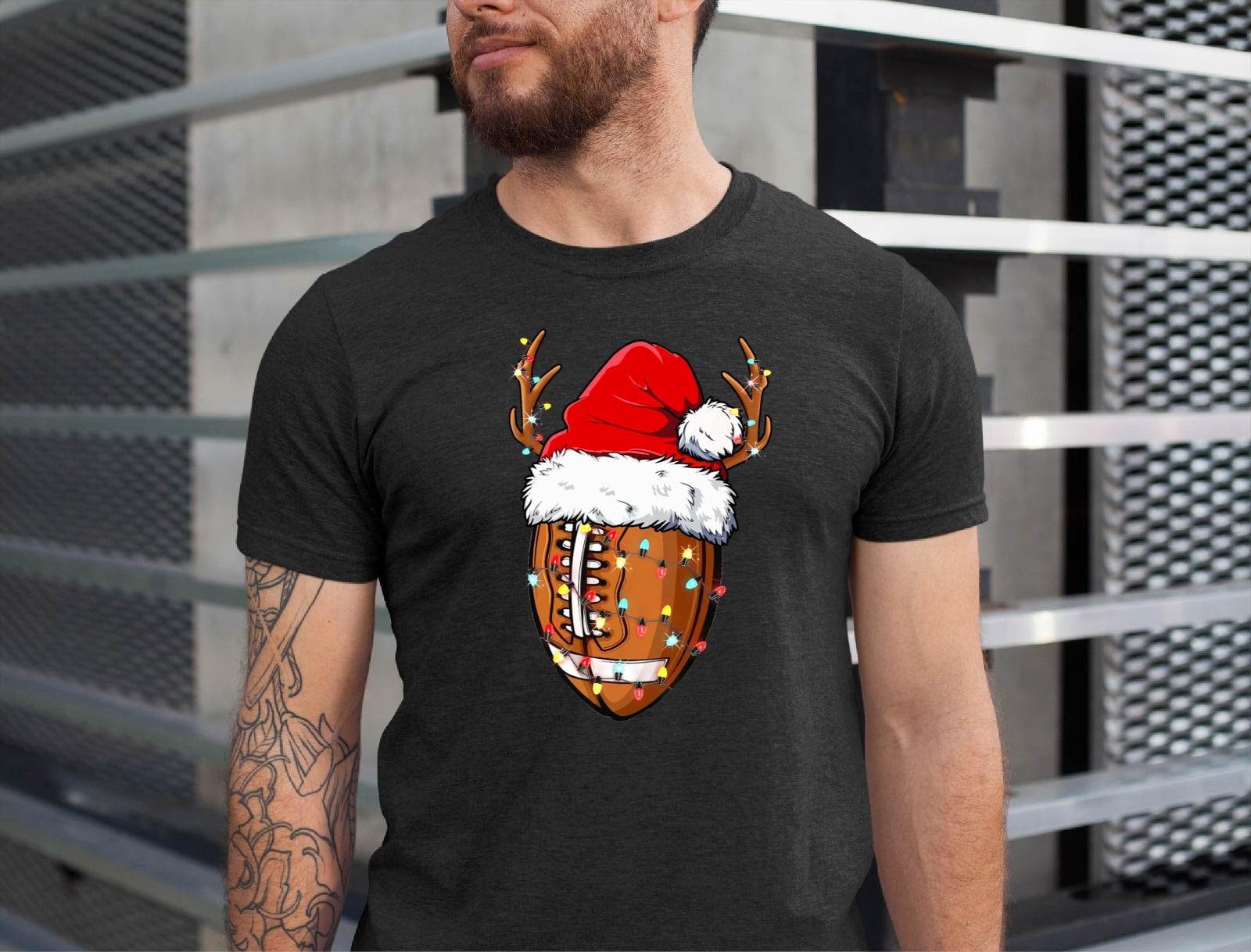 Gildan 5000 Unisex Heavy Cotton Tee - Funny Football Christmas Santa Hat Shirt for Sports Lovers, Printify Choice Xmas Gift, Perfect Holiday Outfit for Men & Women, Football Team Tee