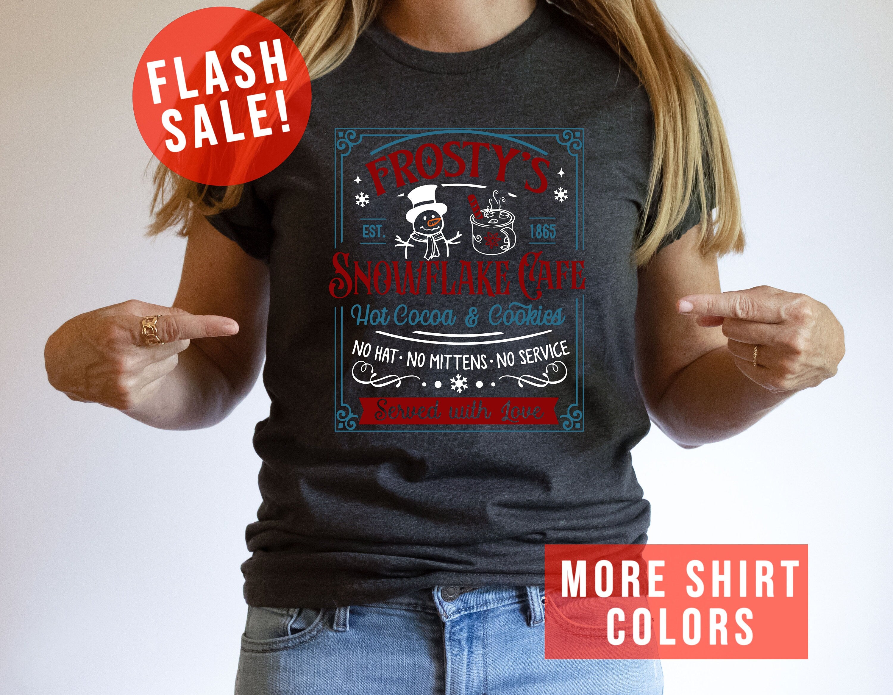 Frosty's Snowflake Cafe Christmas T-Shirt for Women & Men, Unisex Heavy Cotton Tee by Gildan 5000, Perfect Holiday Gift with Christmas Vibes, Hot Cocoa & Cookies Design, Printify Choice, Cozy Noel Outfit, Served With Love Christmas Spirit Tee