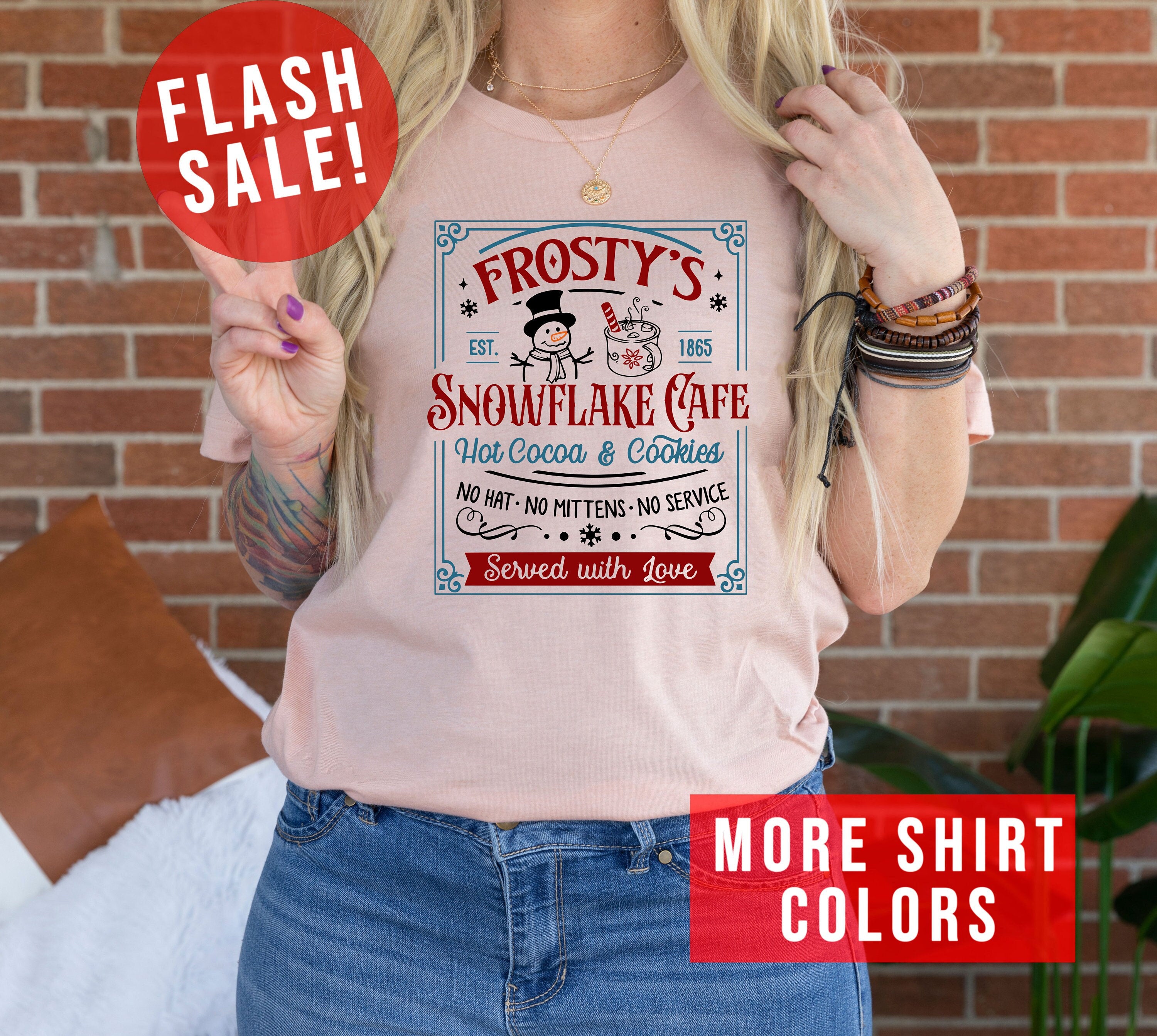 Frosty's Snowflake Cafe Christmas T-Shirt for Women & Men, Unisex Heavy Cotton Tee by Gildan 5000, Perfect Holiday Gift with Christmas Vibes, Hot Cocoa & Cookies Design, Printify Choice, Cozy Noel Outfit, Served With Love Christmas Spirit Tee