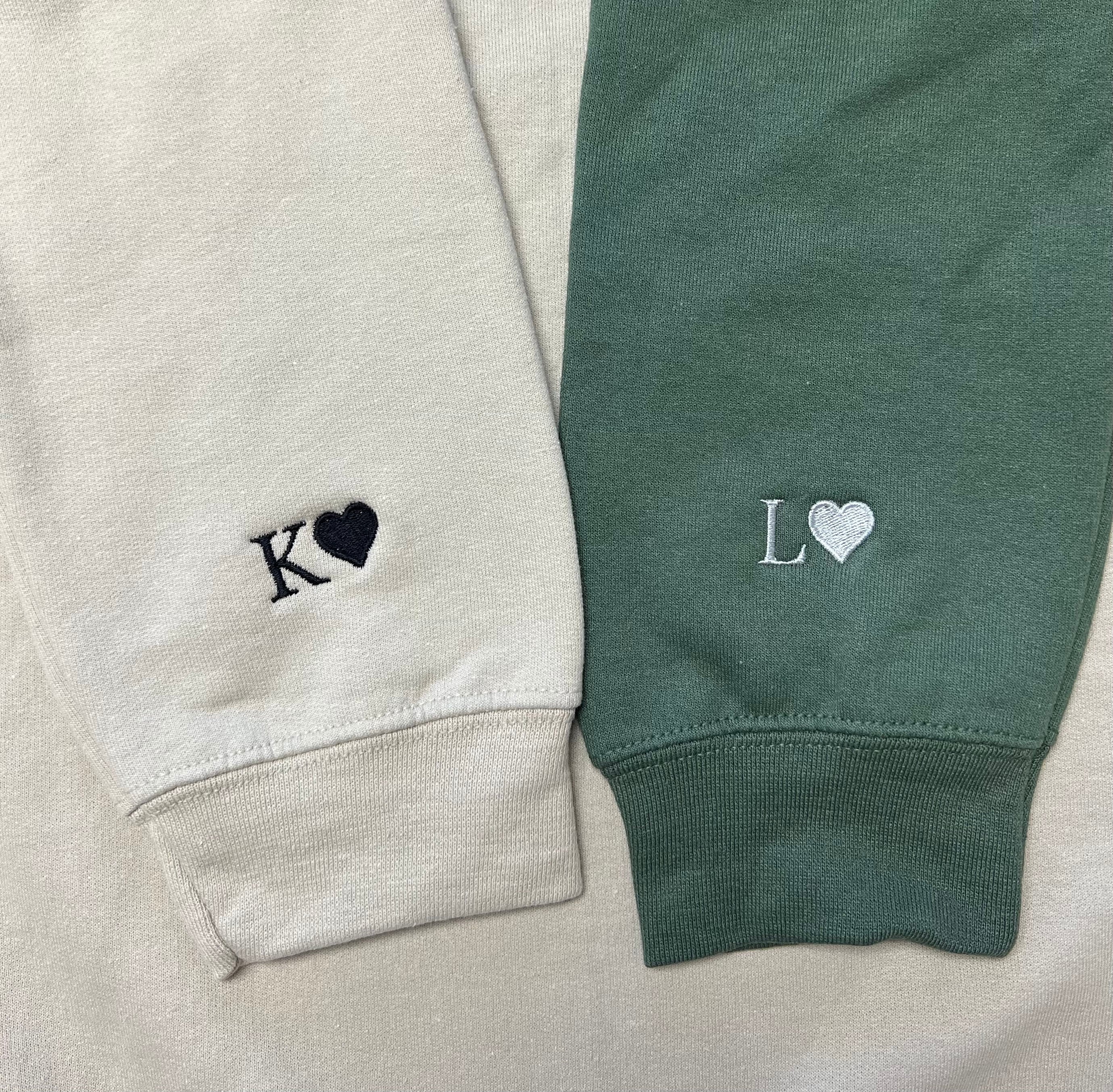 Custom Embroidered Initial Heart Sweatshirt, Initial on Sleeve, Couple Shirt, Anniversary, Couple's Shirt, Custom Embroidered Hoodie.