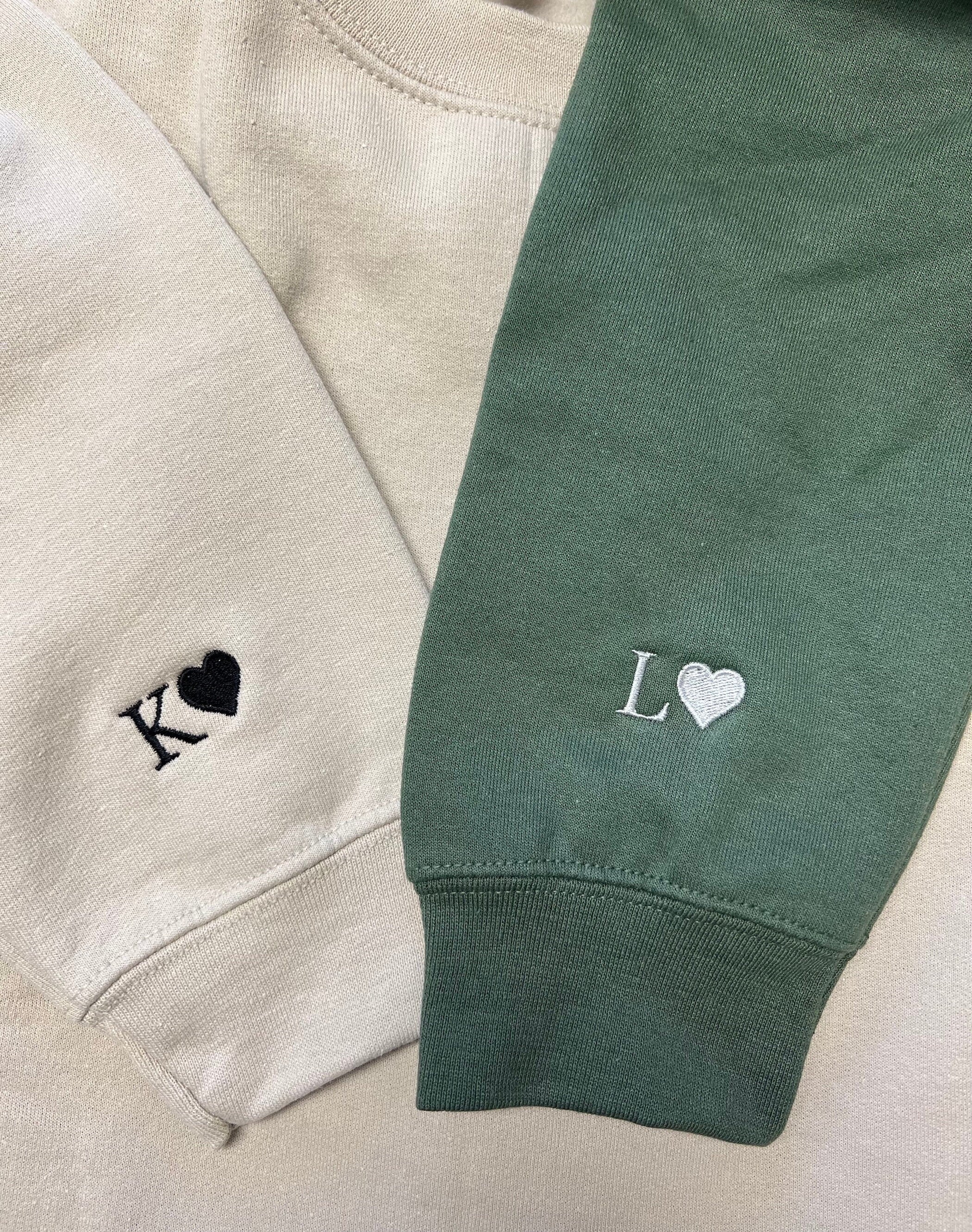 Custom Embroidered Initial Heart Sweatshirt, Initial on Sleeve, Couple Shirt, Anniversary, Couple's Shirt, Custom Embroidered Hoodie.