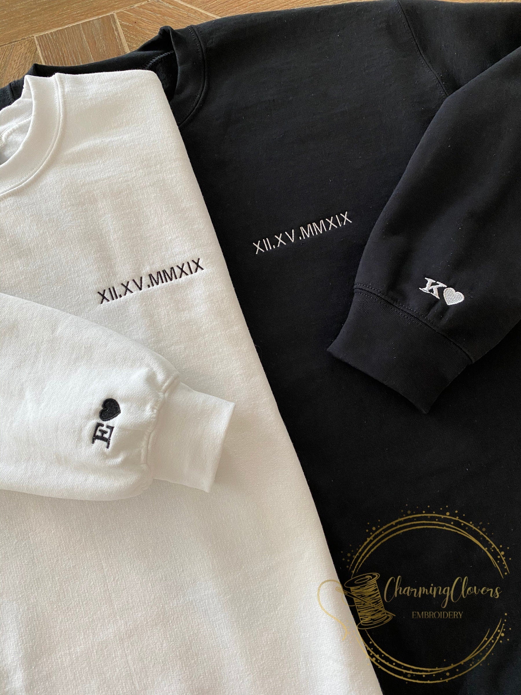 Custom Embroidered Roman Numeral Date + Initials on Sleeves | Couple's Crewneck Sweatshirt