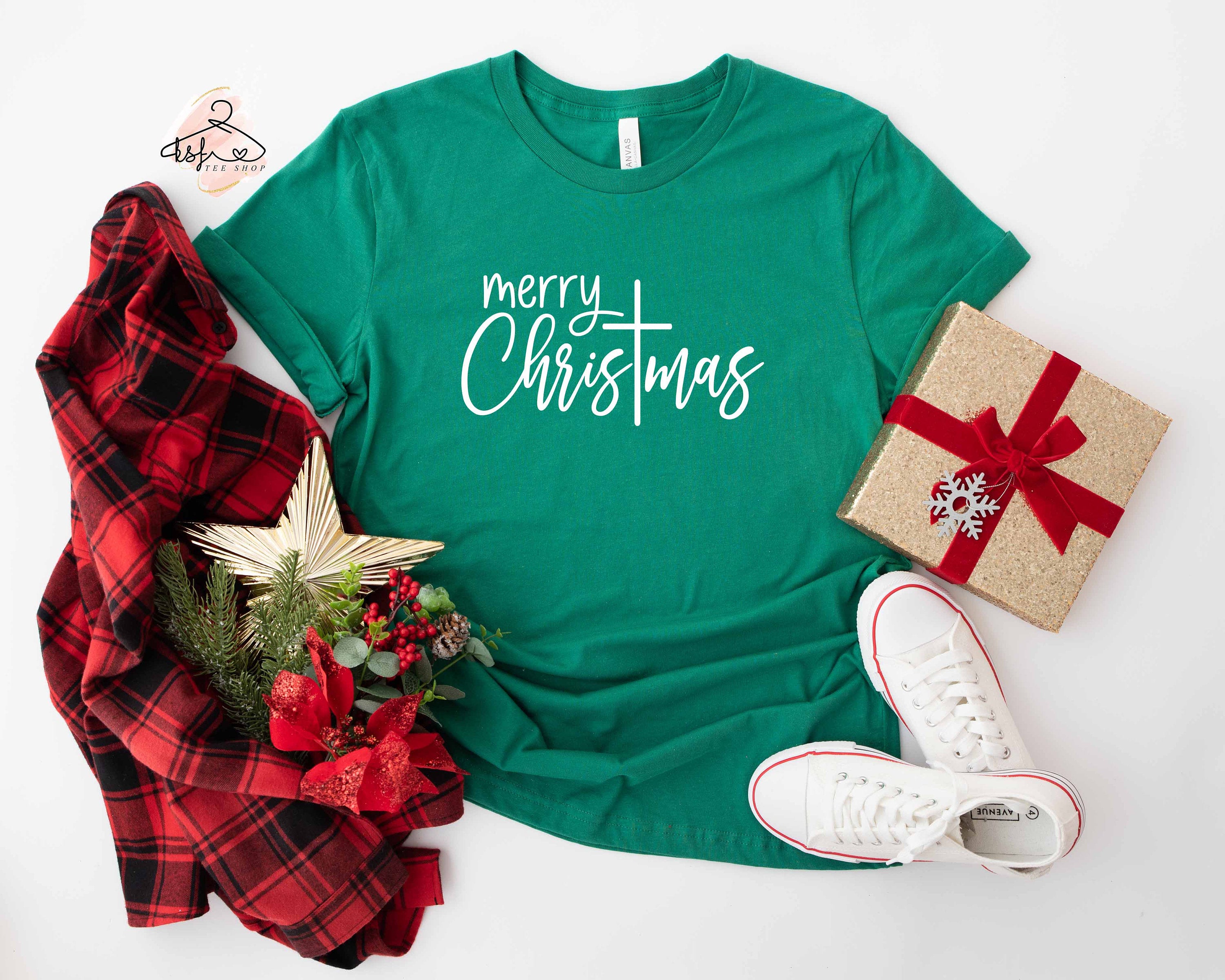 Gildan 5000 Merry Christmas Cross T-Shirt: Unisex Heavy Cotton Tee for the Holiday Season - Perfect Gift for Men and Women, Printify Choice, 4 Aesthetic Styles