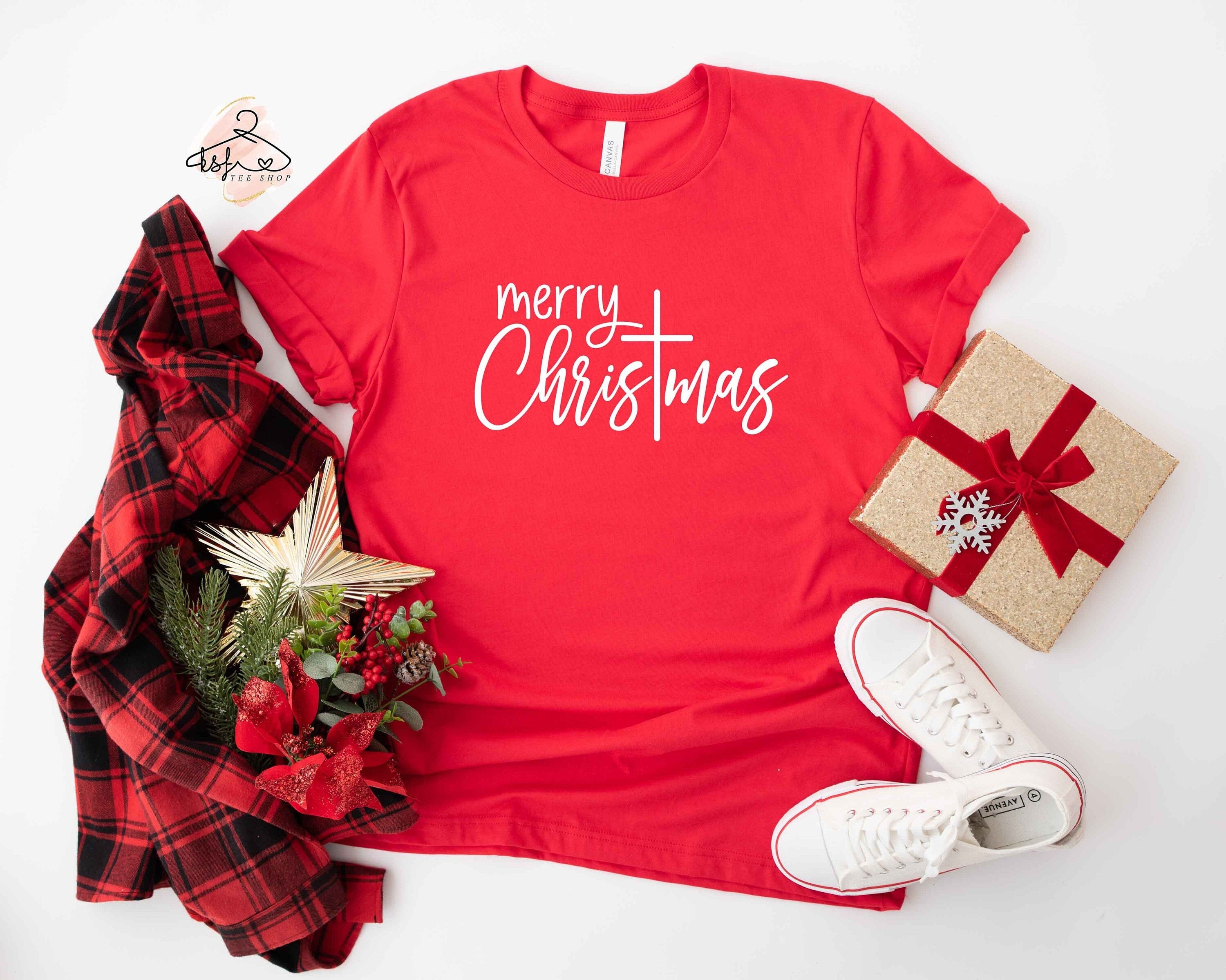 Gildan 5000 Merry Christmas Cross T-Shirt: Unisex Heavy Cotton Tee for the Holiday Season - Perfect Gift for Men and Women, Printify Choice, 4 Aesthetic Styles