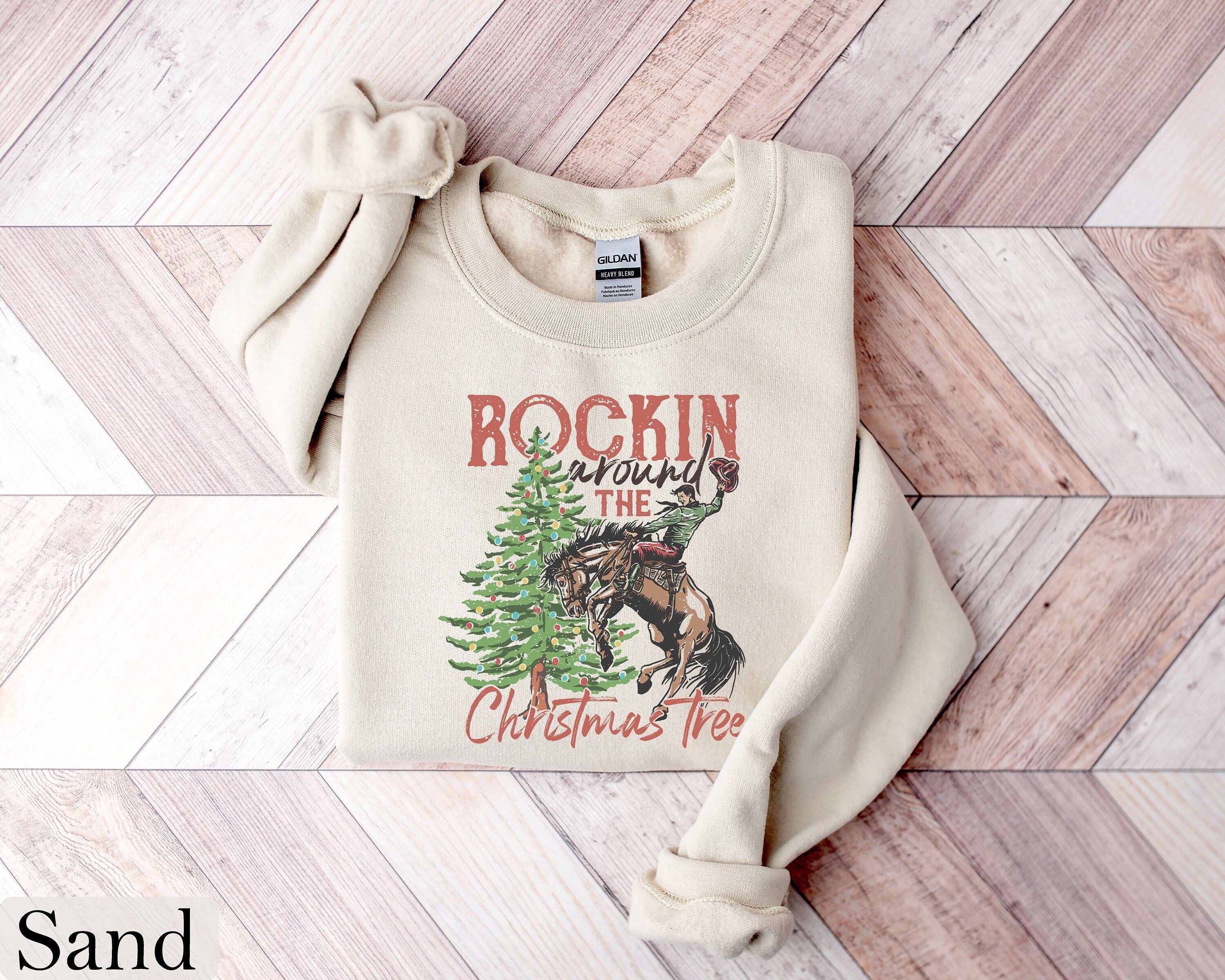 Retro Cowboy Christmas Tree Sweatshirt for Women, Western Holiday Sweater by Gildan 18000 - Perfect Gift & Viral Holiday Outfit, Printify Choice, Cozy Winter Aesthetic