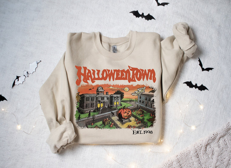 Haunted Town University Est. 1998 Retro Halloween Sweatshirt, Cozy Fleece Fall Crewneck, Unisex Oversized Aesthetic Gift for Women & Men