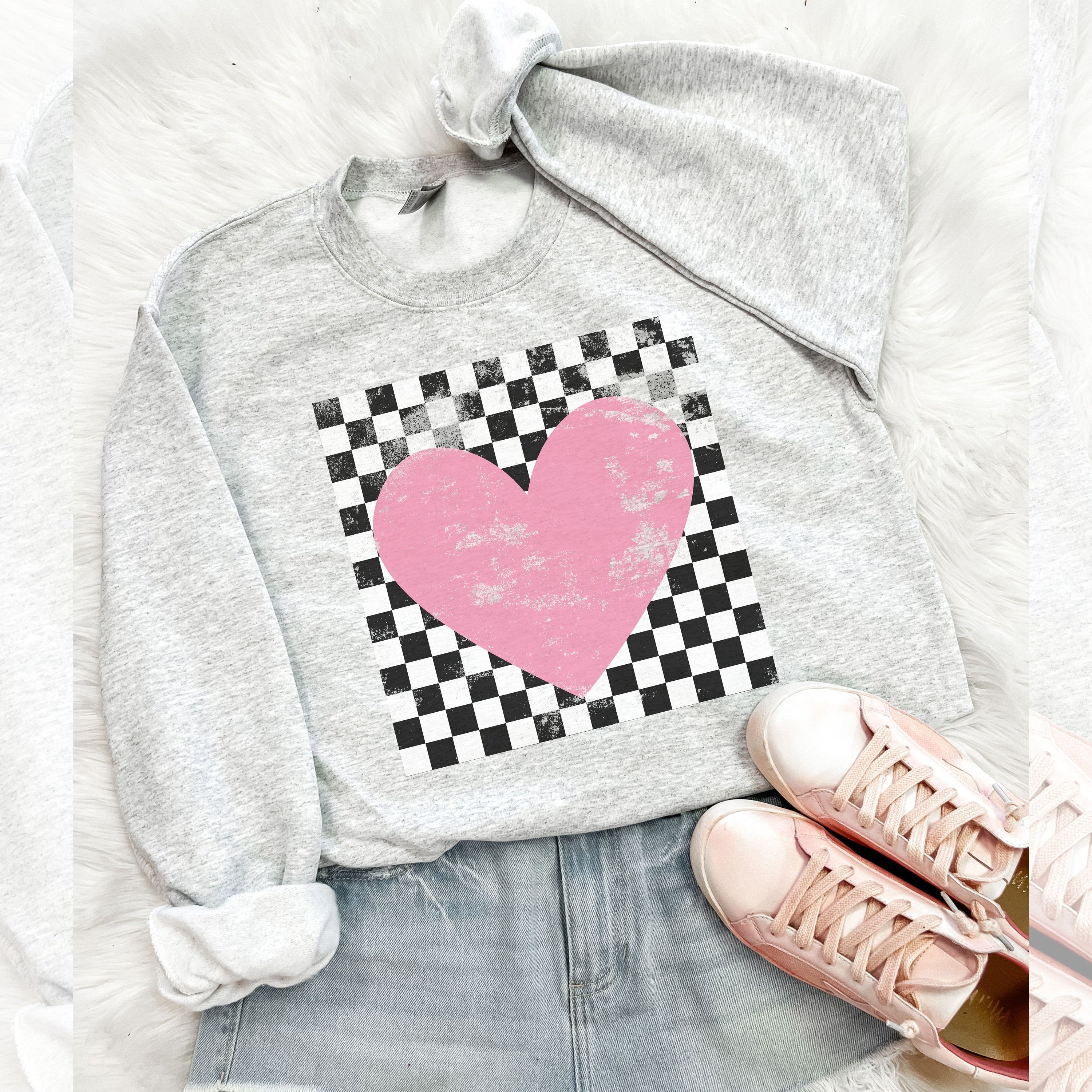 Retro Checkered Heart Gildan 18000 Sweatshirt for Women, Cute Valentine Crewneck Gift, Trendy Love Day Outfit, Printify Choice