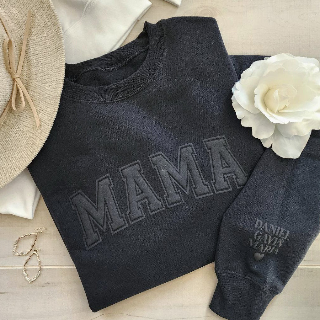 Mama Keepsake Sweatshirt with Puff Lettering, Personalized Kid Names on Sleeve, Mama Sweater, New Mom Gift, Black