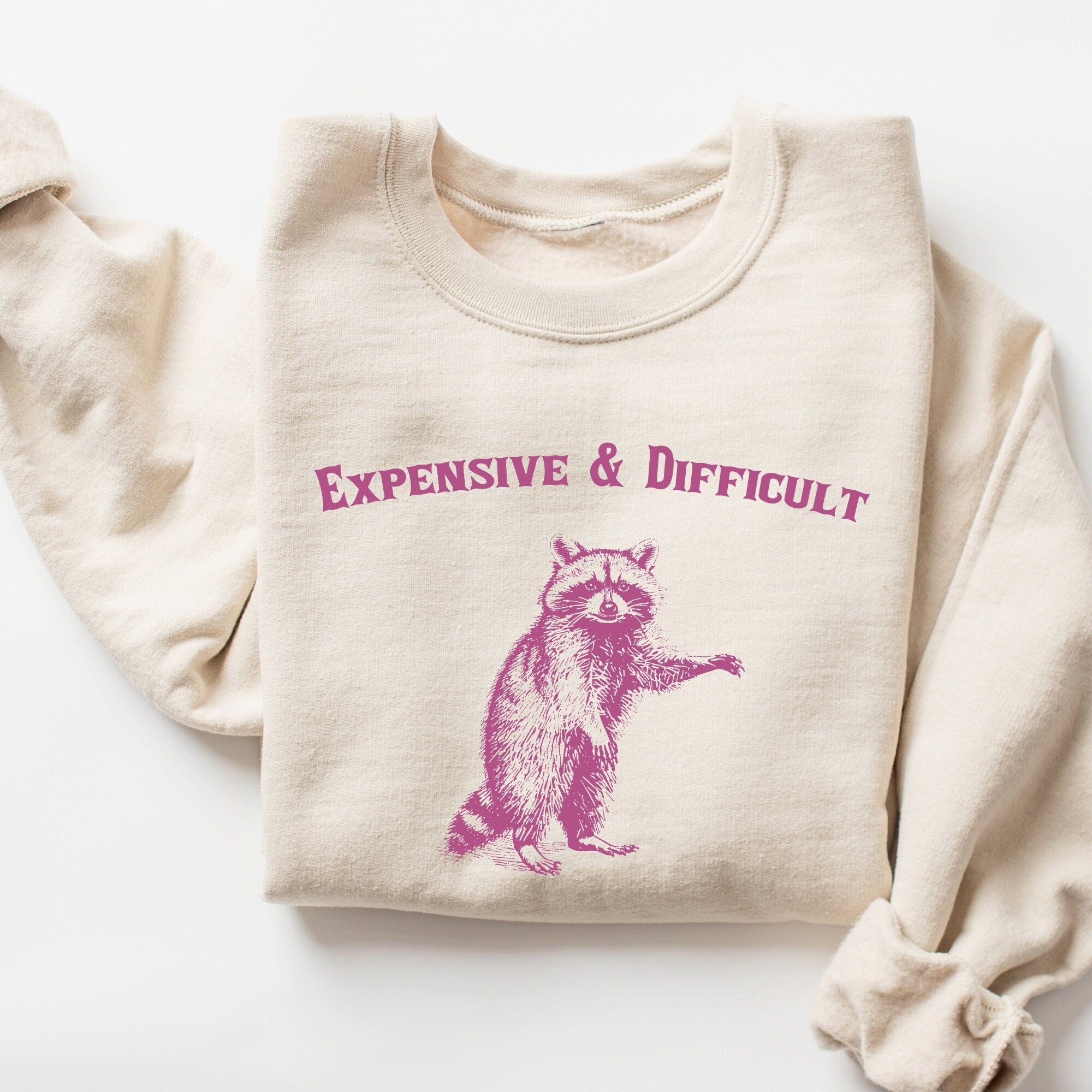 Expensive and Difficult Raccoon Sweatshirt, Funny Vintage Retro Graphic Shirt for Men and Women, Sarcastic Meme Shirt, Gildan 18000 by Printify Choice, Perfect Gift for Fall Aesthetic Outfits, Top 4 Viral Picks