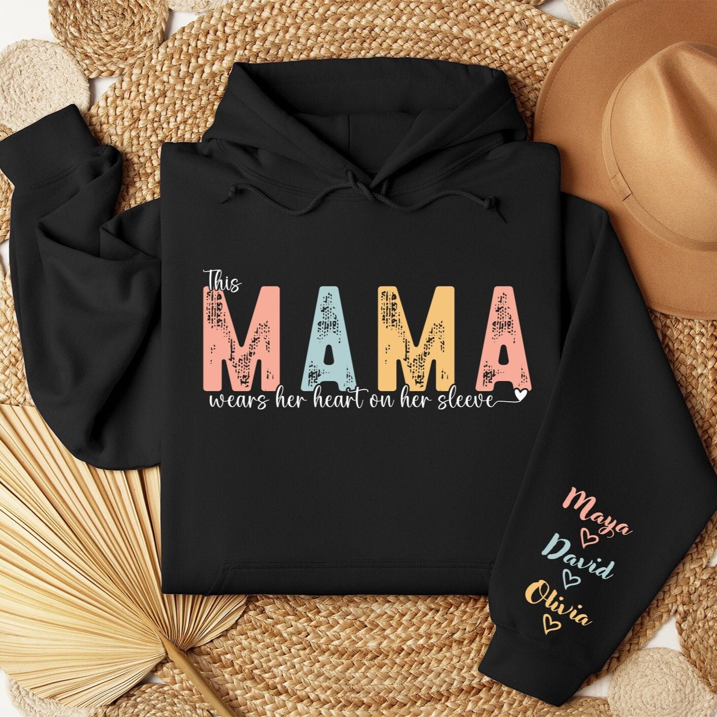 This Mama Wears Her Heart on Her Sleeve Custom Sweatshirt, Custom Mama Hoodie, Custom Mama Sweatshirt, Gift for Mother's Day, Gift for Mom