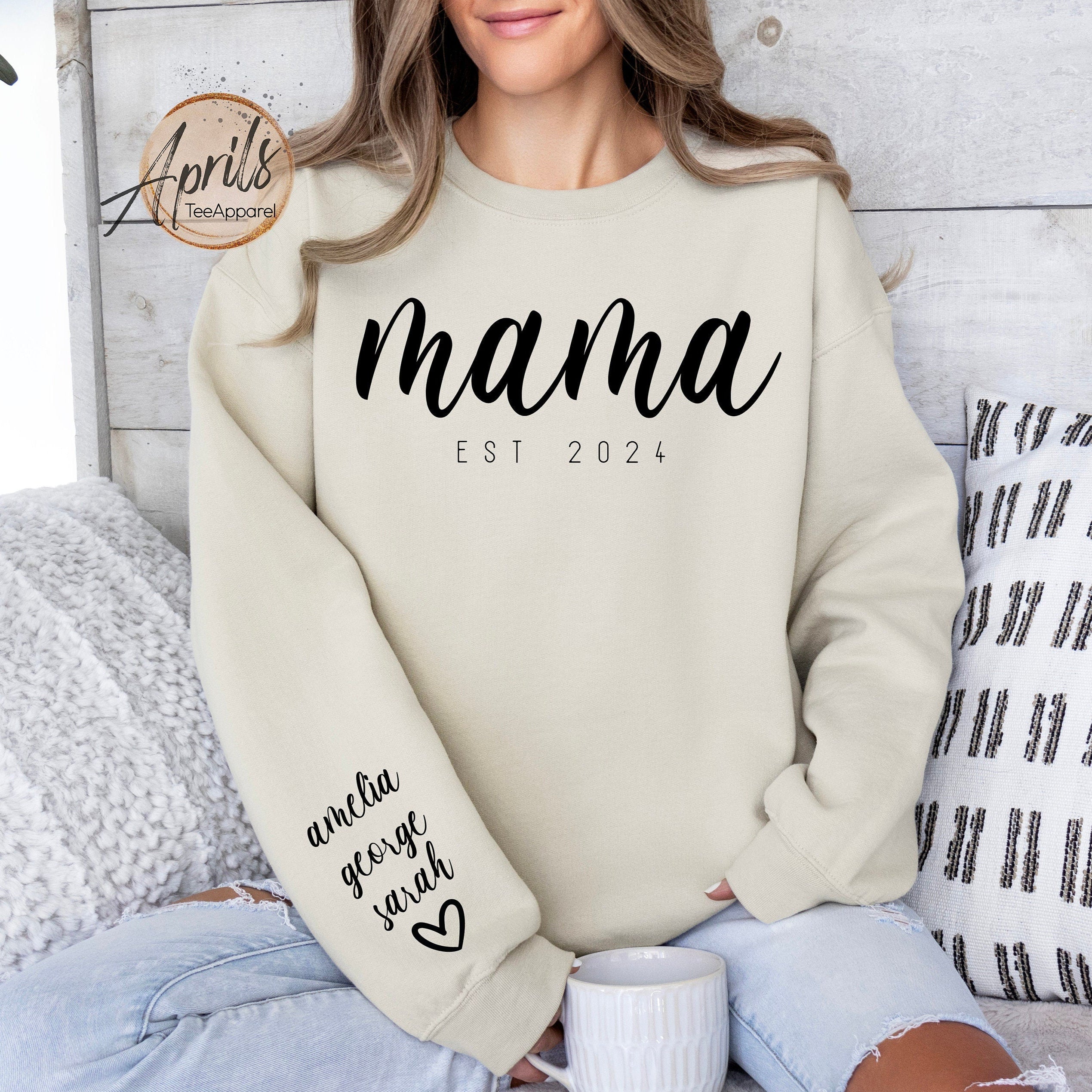 Custom Mama Est 2024 Sweatshirt, Sweatshirt with Names on Sleeve, Mama Hoodie, Mama Shirt, Custom Name Gift, Personalized Mother's Day Gift