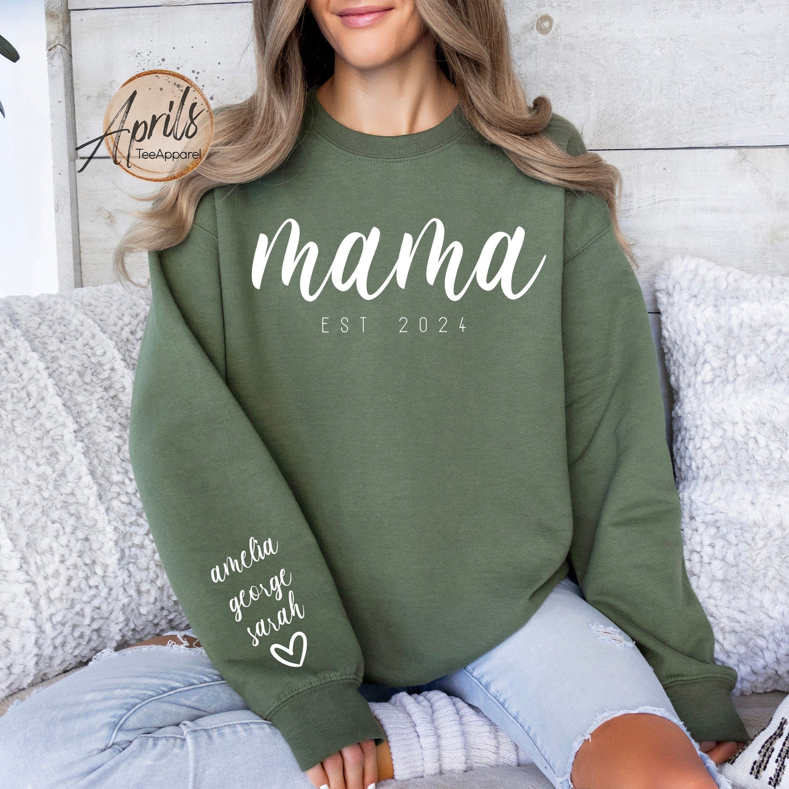 Custom Mama Est 2024 Sweatshirt, Sweatshirt with Names on Sleeve, Mama Hoodie, Mama Shirt, Custom Name Gift, Personalized Mother's Day Gift