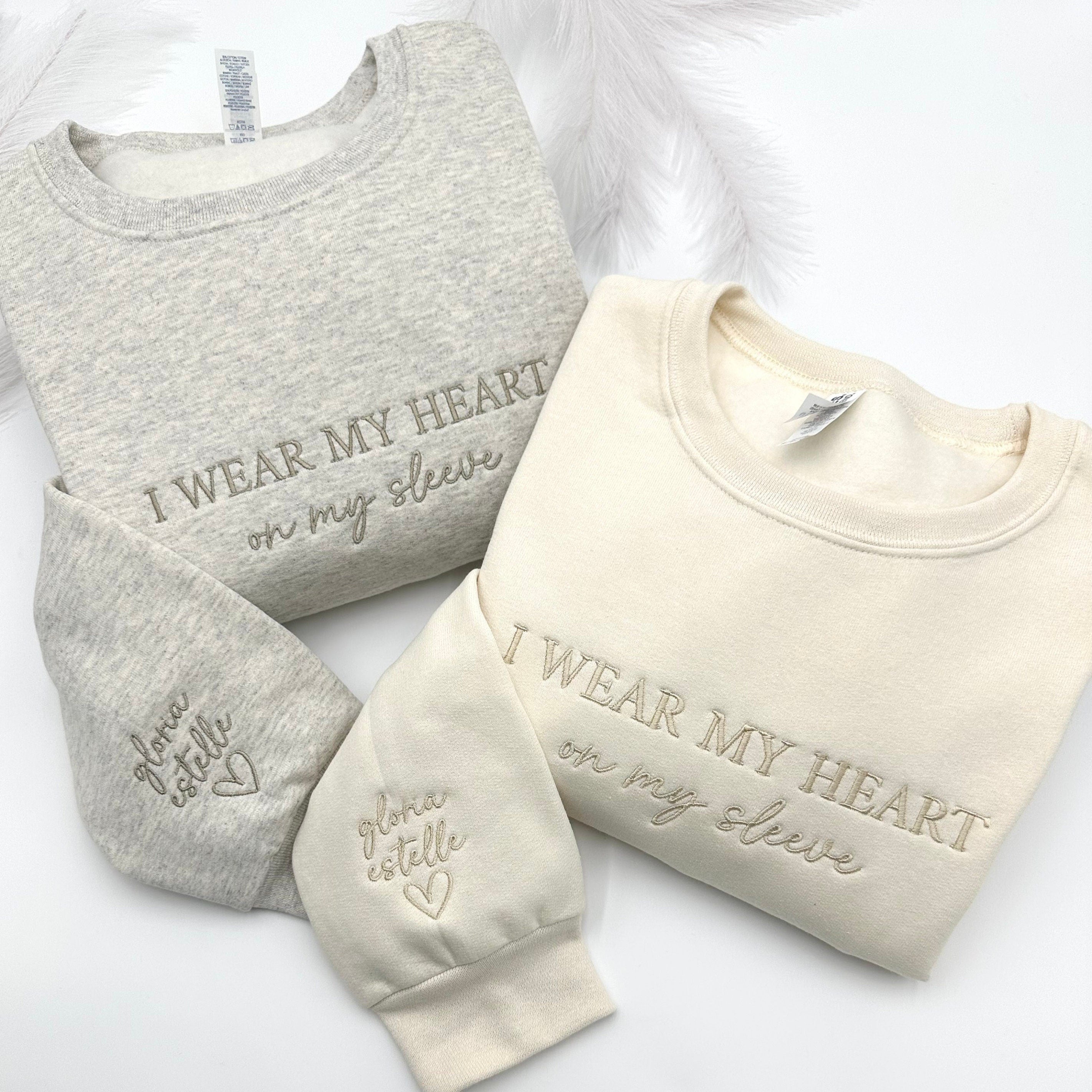 Embroidered I Wear My Heart On My Sleeve Crewneck or Hoodie, Custom Mama Sweatshirt with Children Name on Sleeve, Gift for Mom, New Mommy